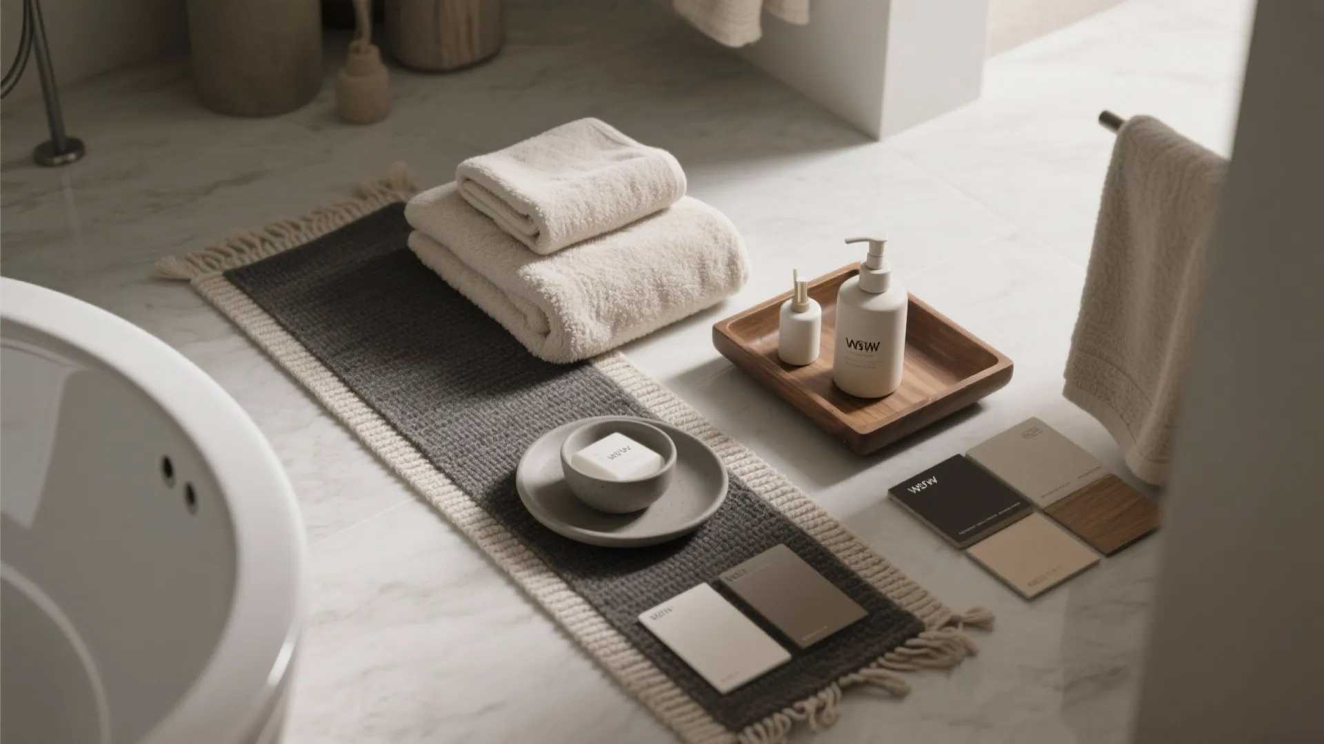 White folded towels next to soap dish and wooden tray with lotion on grey rug