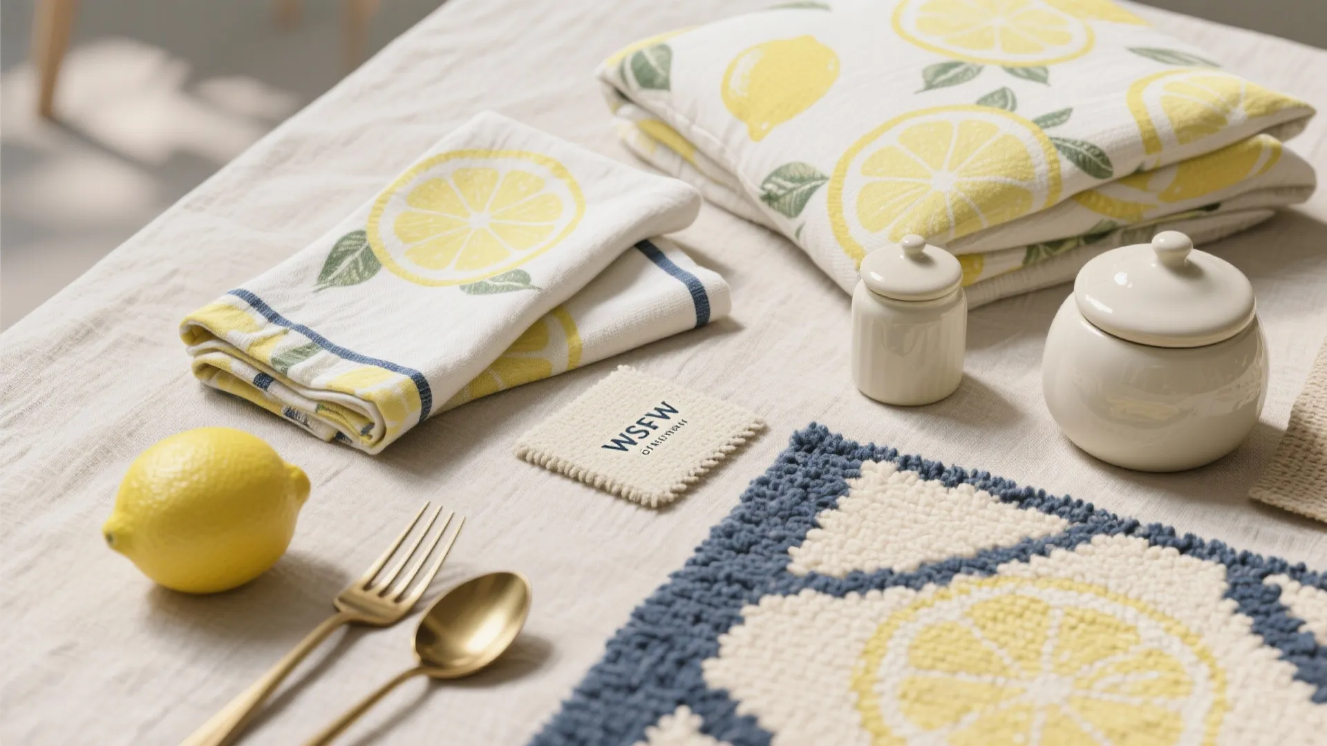 Flatlay of lemon-themed tea towels, cushion, rug sample and ceramic canisters on neutral linen.