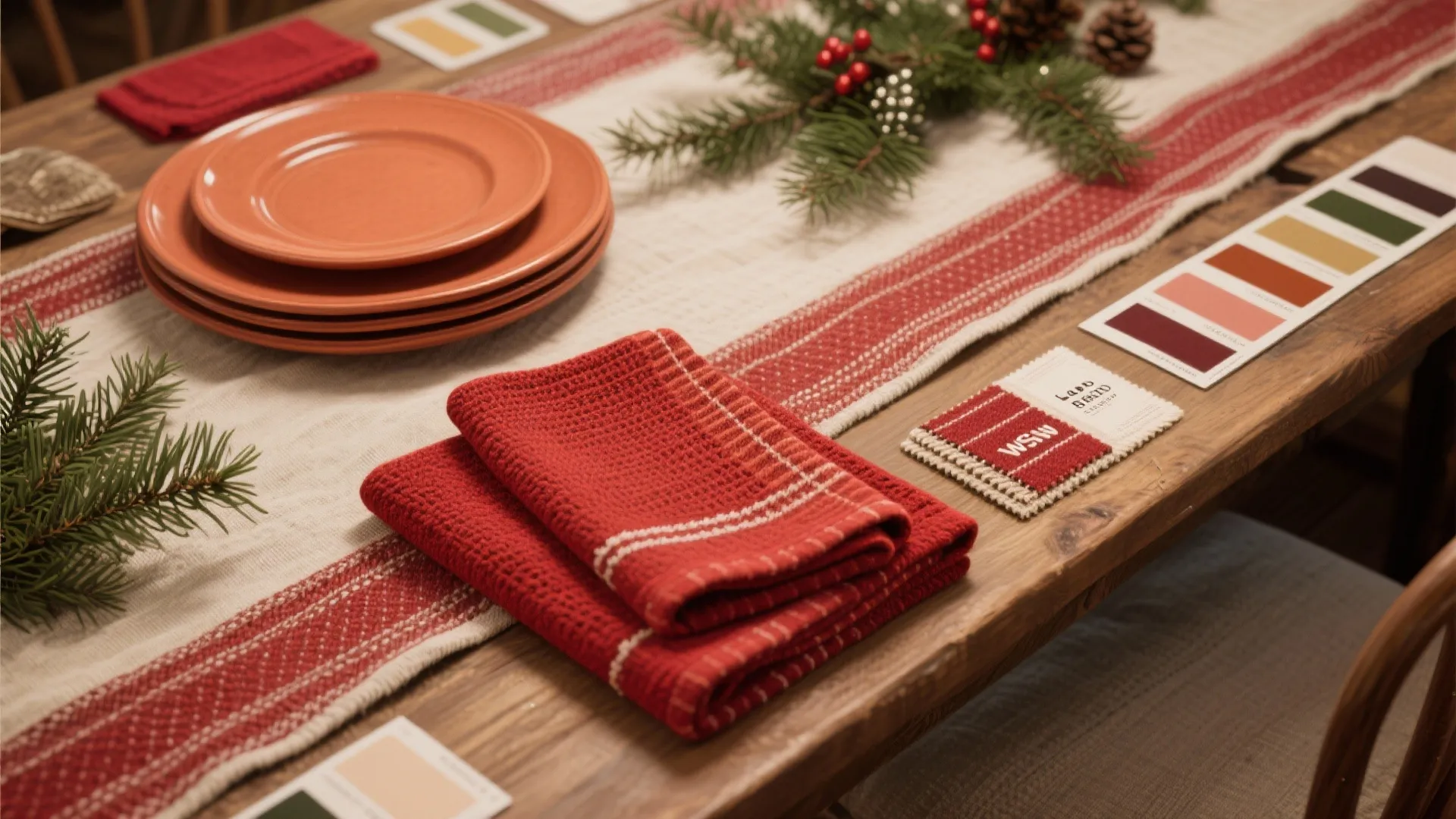 Wooden dining table with red plates and napkins plus colorful fabric samples for interior design