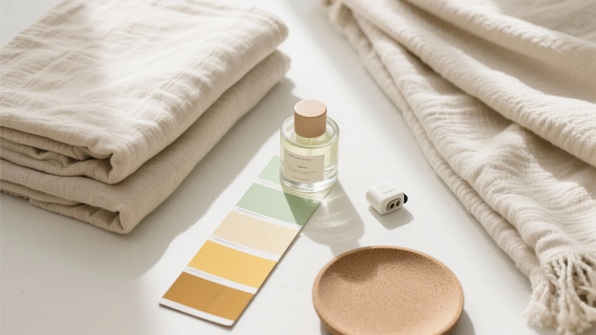 Top-down flatlay of linen throws, fabric swatches and an unbranded refill bottle for fragrance layering.