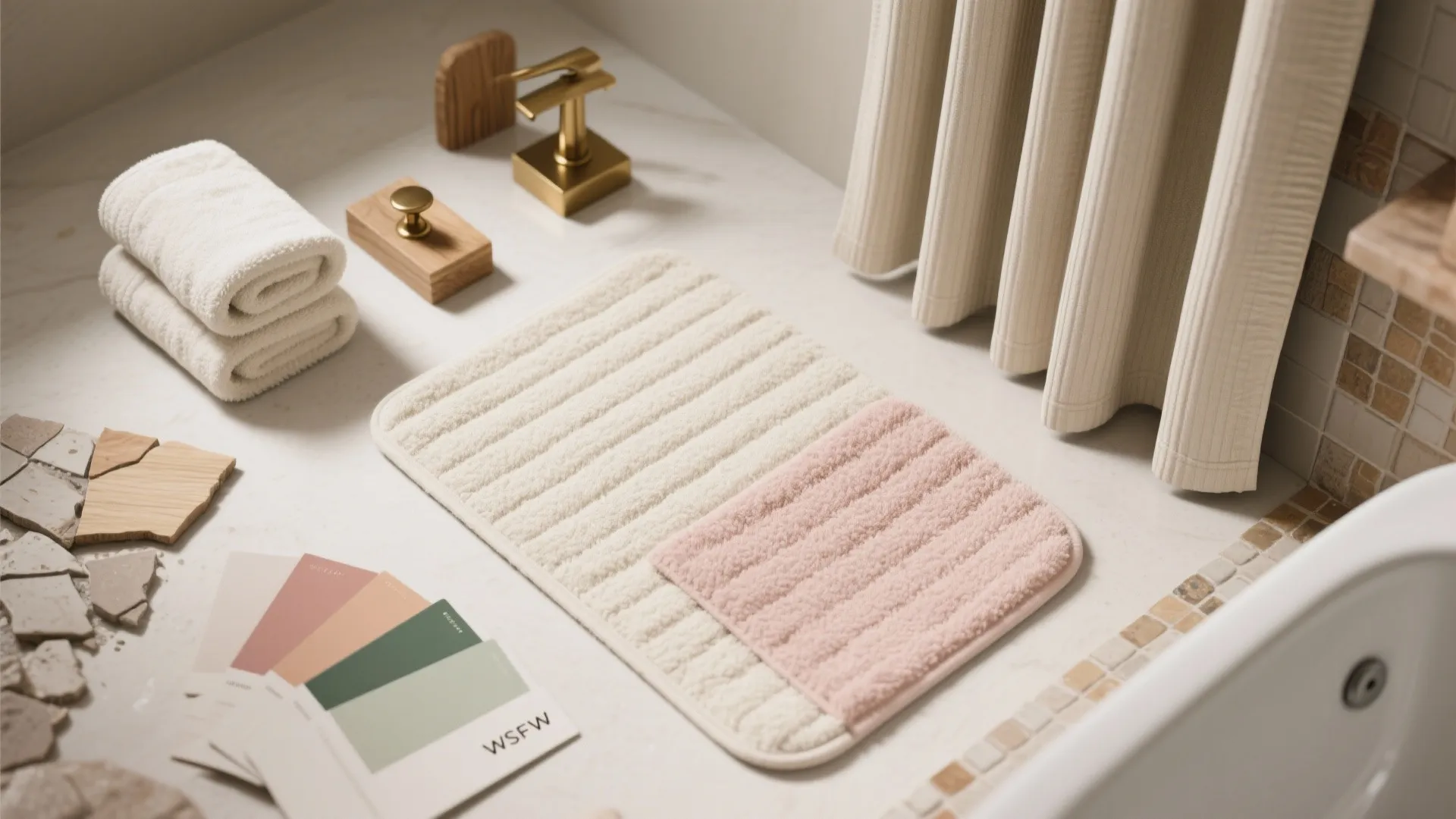 Flatlay of bathroom design elements including color swatches white towels bath mat and gold faucet
