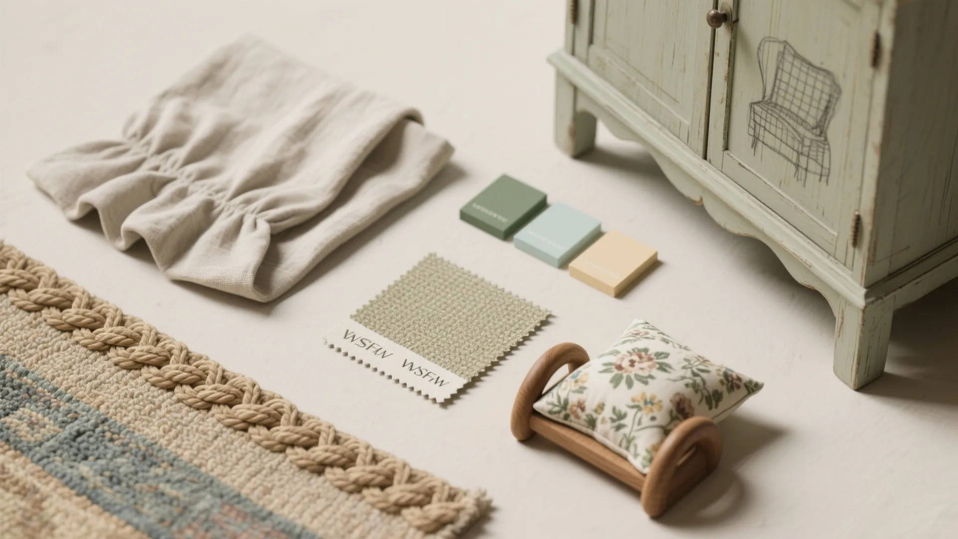 Flat lay of fabric samples and interior design materials next to a miniature wooden green cabinet