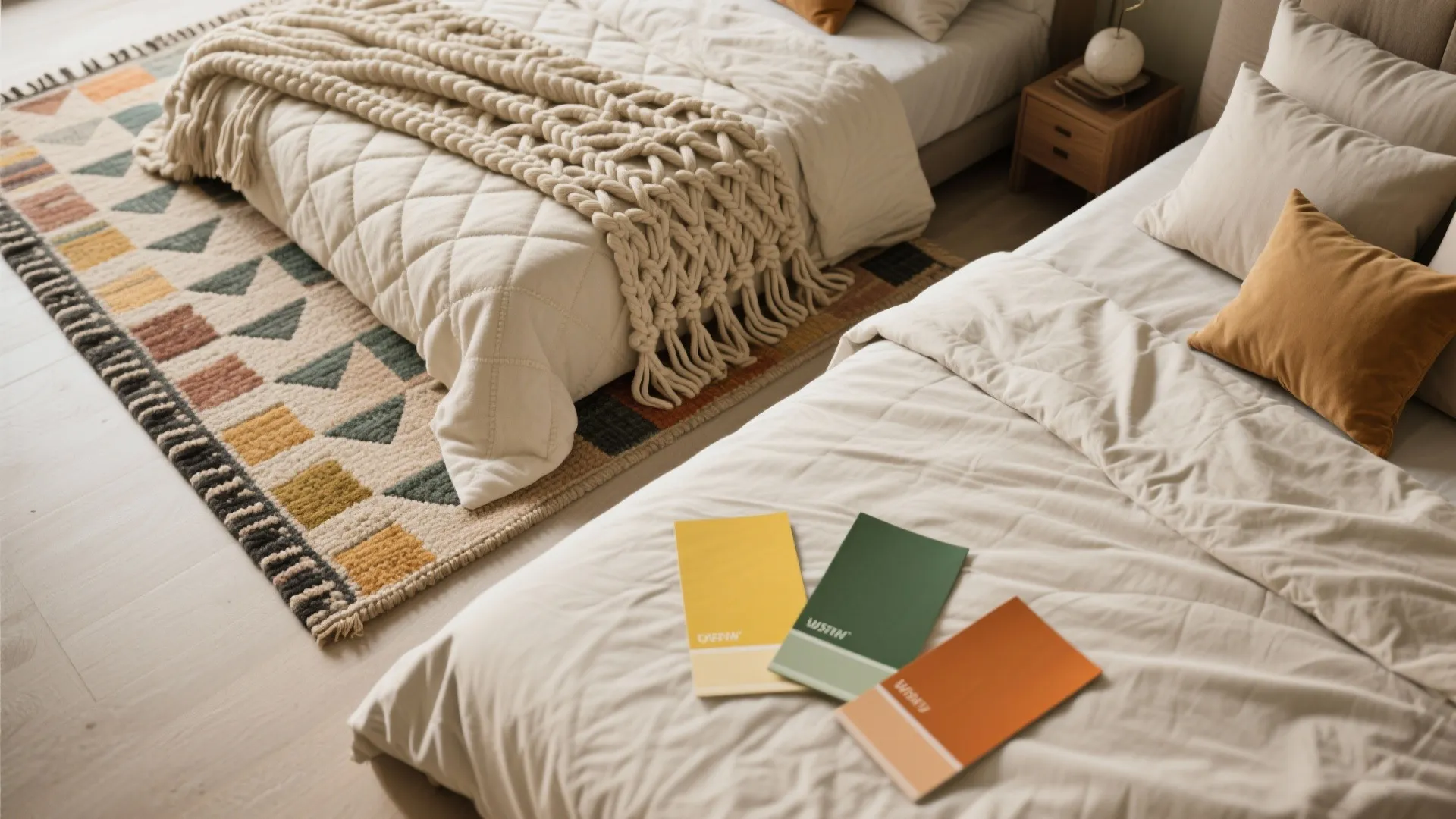 Flatlay of layered rugs, a geometric bedspread and macramé throws in a 1970s color palette.