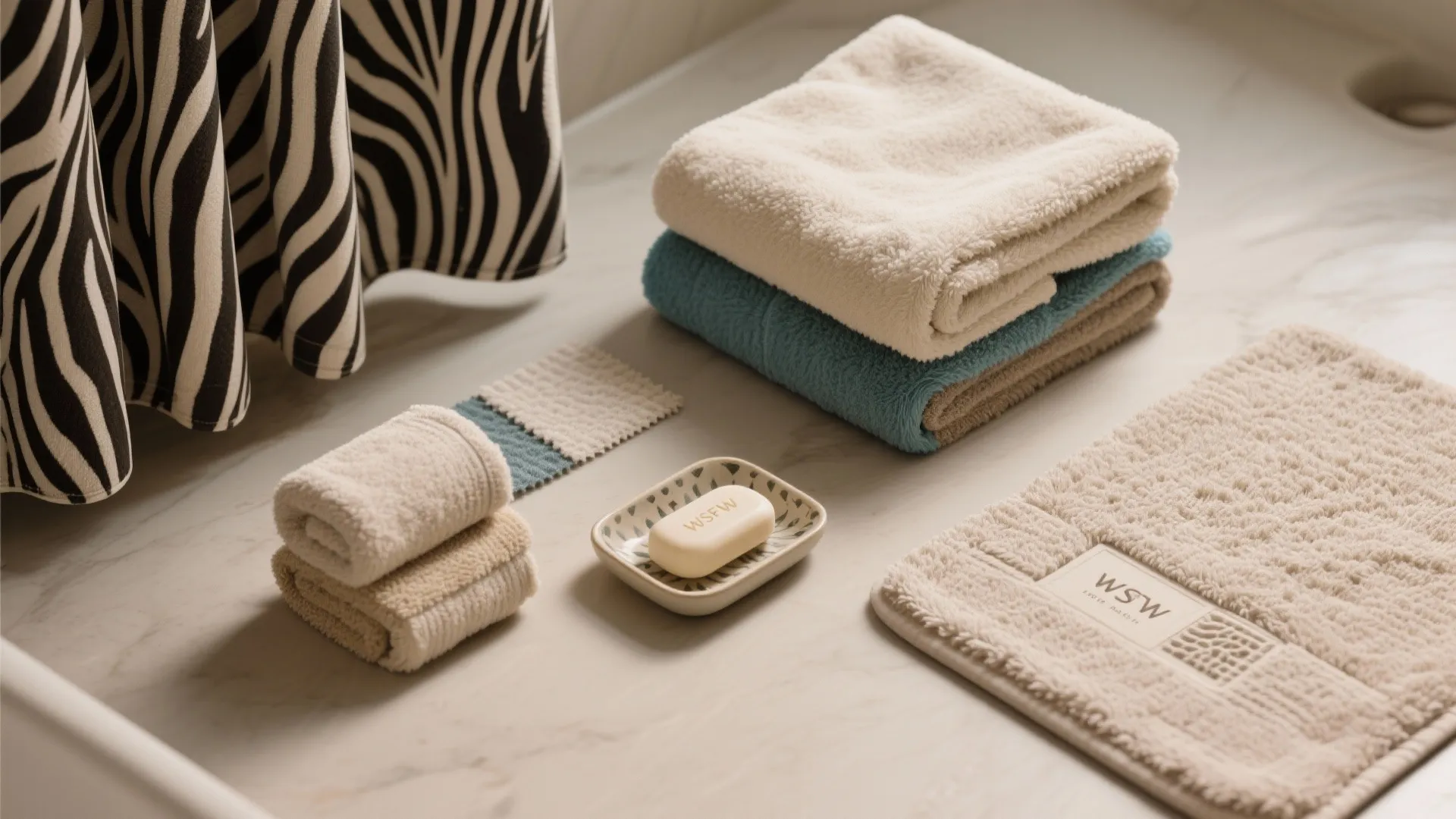 1. Start with textiles: towels, shower curtains, and rugs