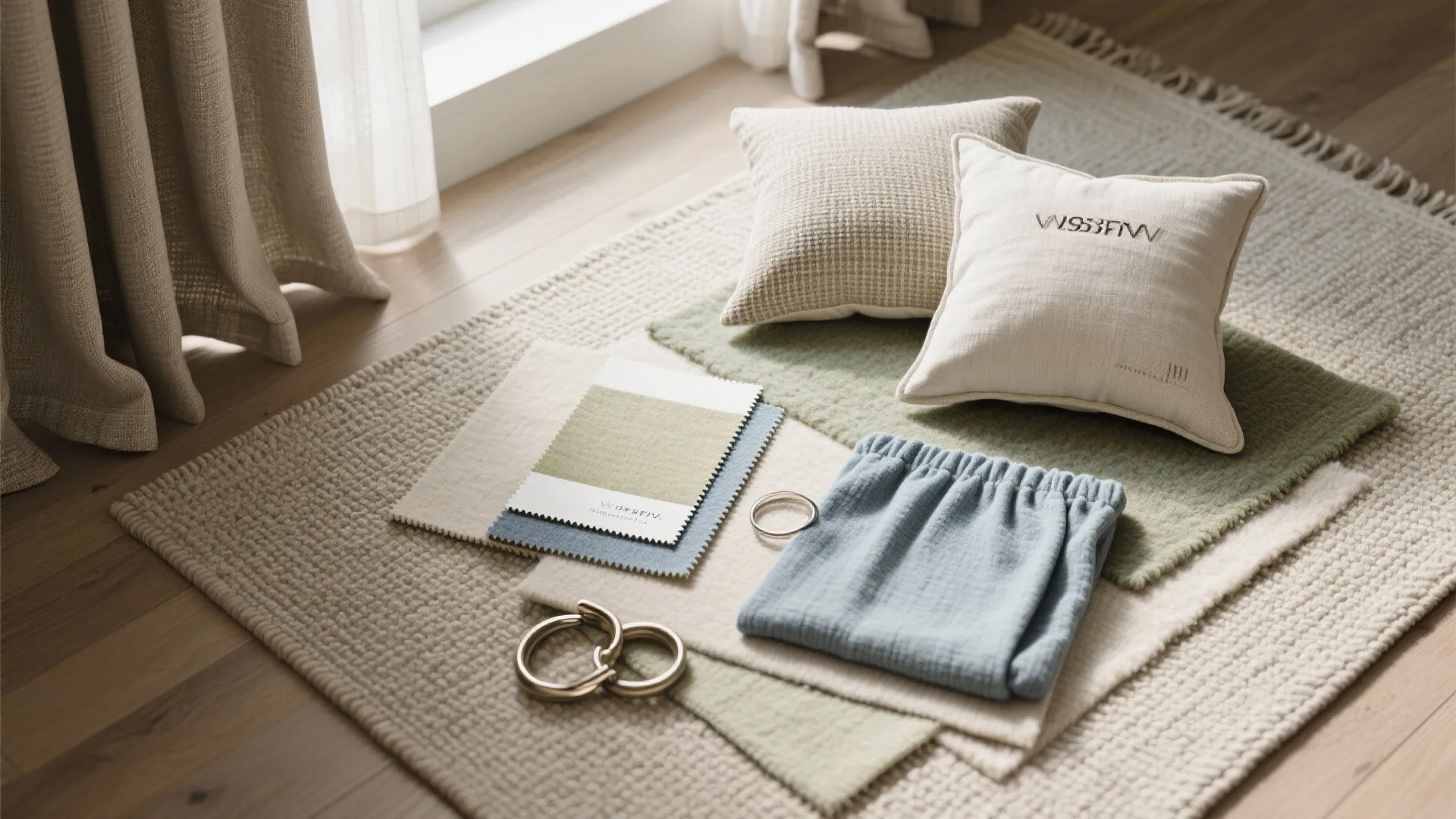 Flatlay of rug sample, curtain fabric, and pillow covers in warm neutrals and sage.