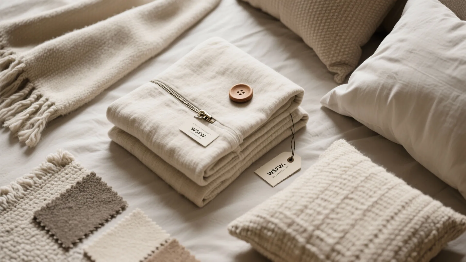 Folded beige fabric with zipper and button near soft pillows and small colored textured textile pieces