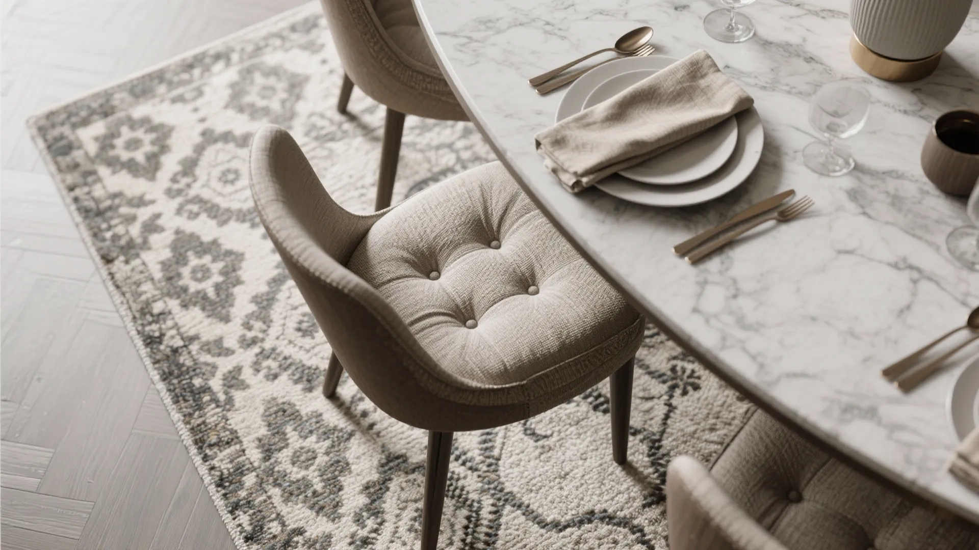 Top view of marble dining table with plates and fabric chair on a patterned rug