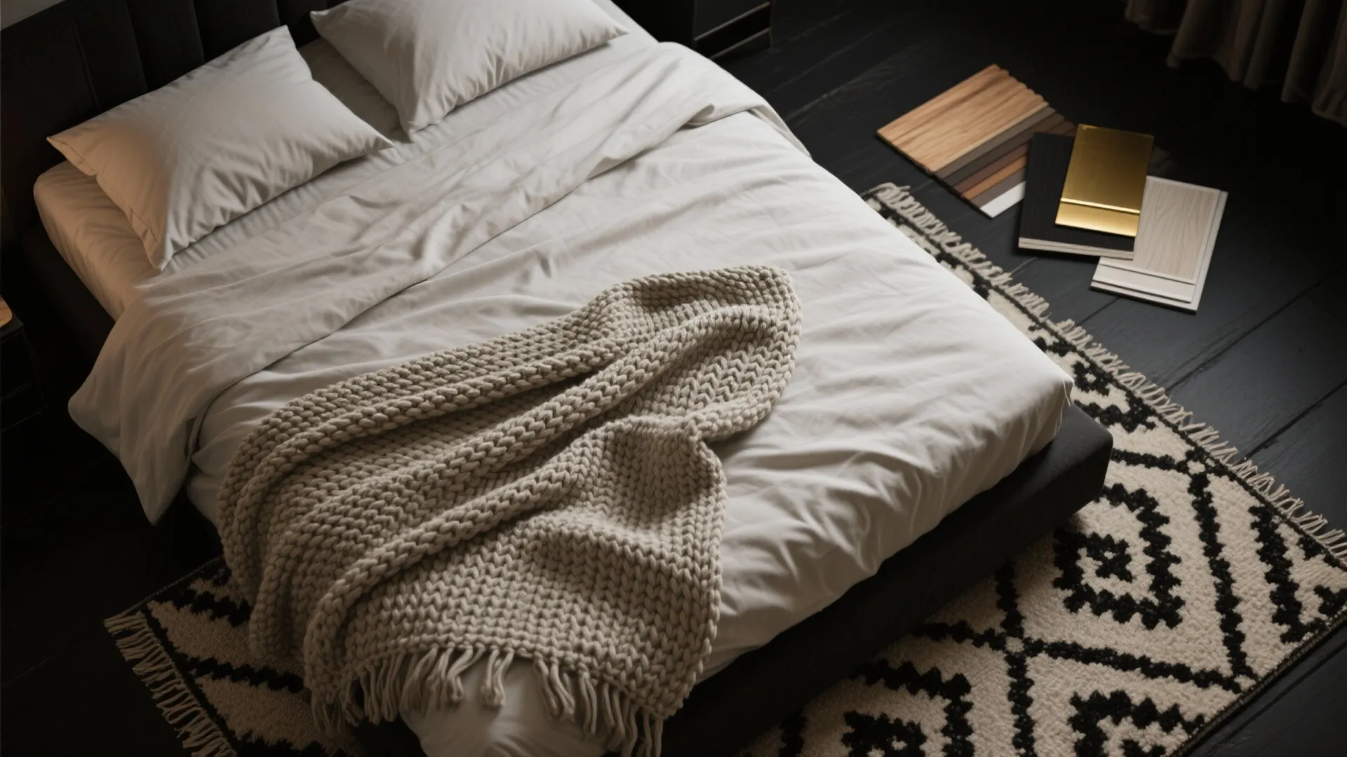Top view of a bed with white sheets thick blanket patterned rug and design samples
