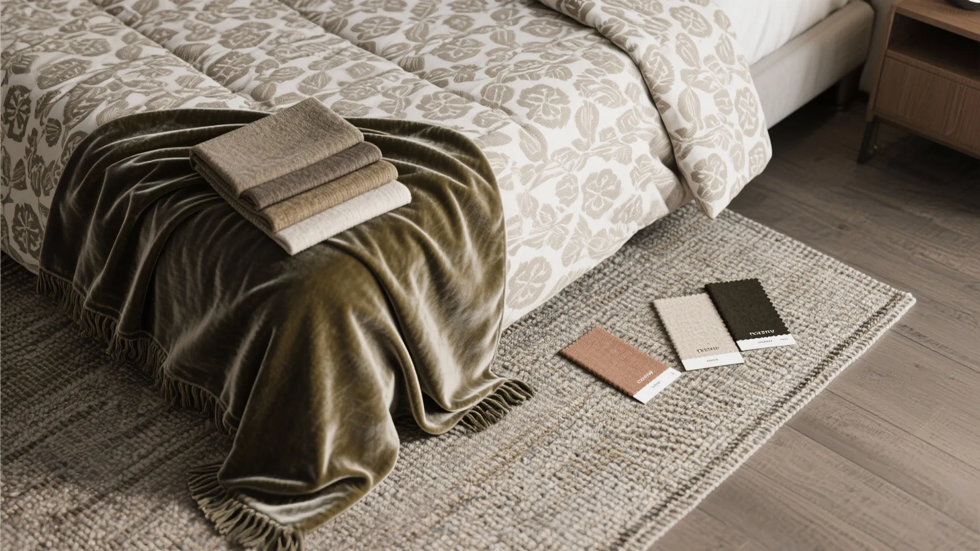 Top-down flatlay of patterned duvet, velvet throw, woven rug samples and color chips
