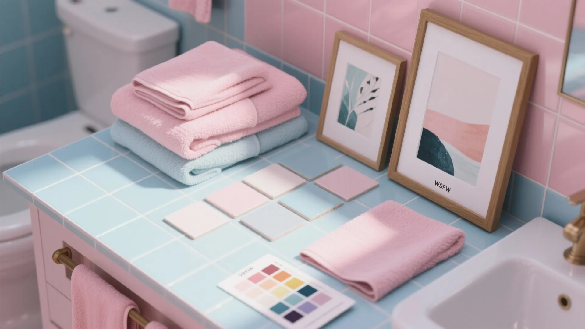Pink and blue bathroom counter with folded towels tile samples color palette and framed wall art