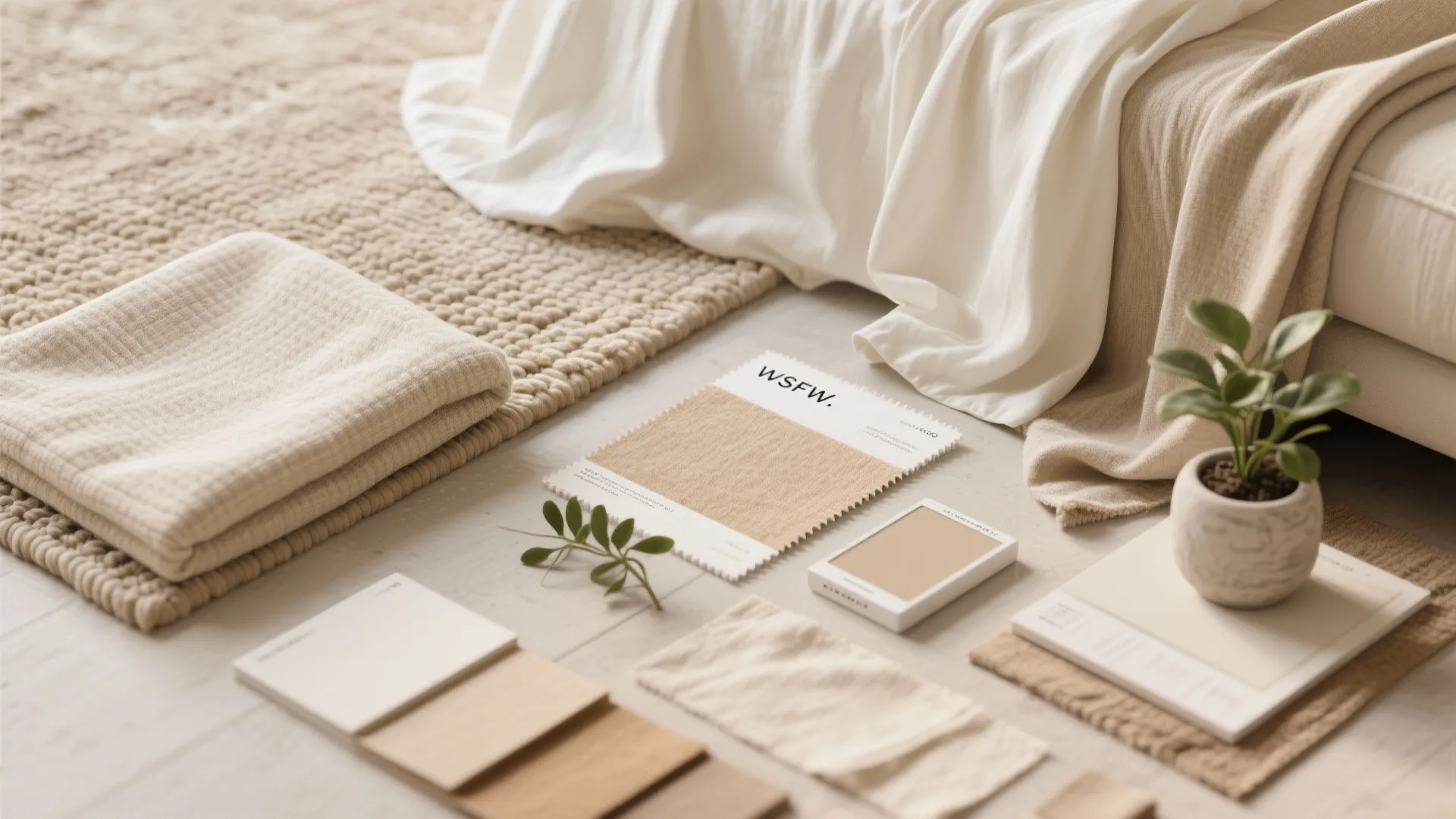 Flatlay of ivory linens, oatmeal rug swatch and washable slipcover fabric for warming white wood furniture.