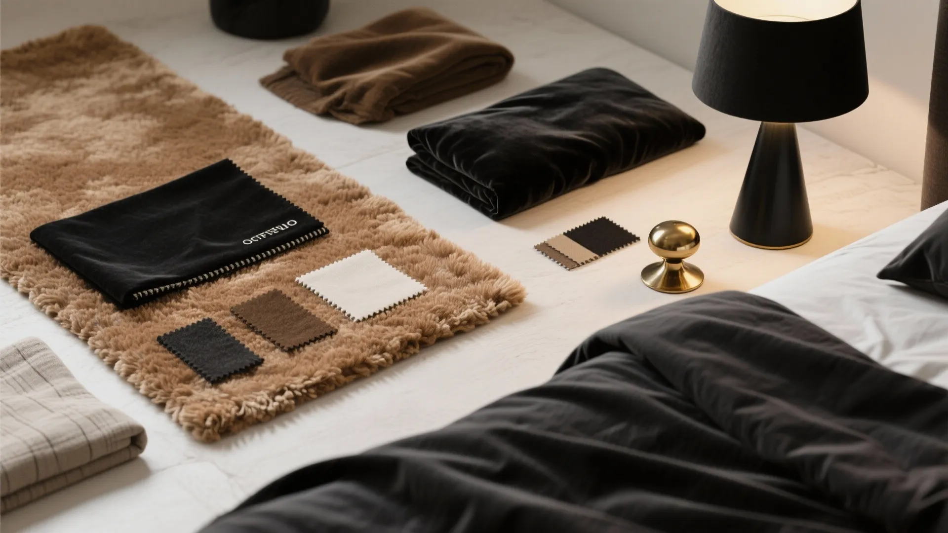 3. Layered Textiles: Tan Rugs and Black Bedding