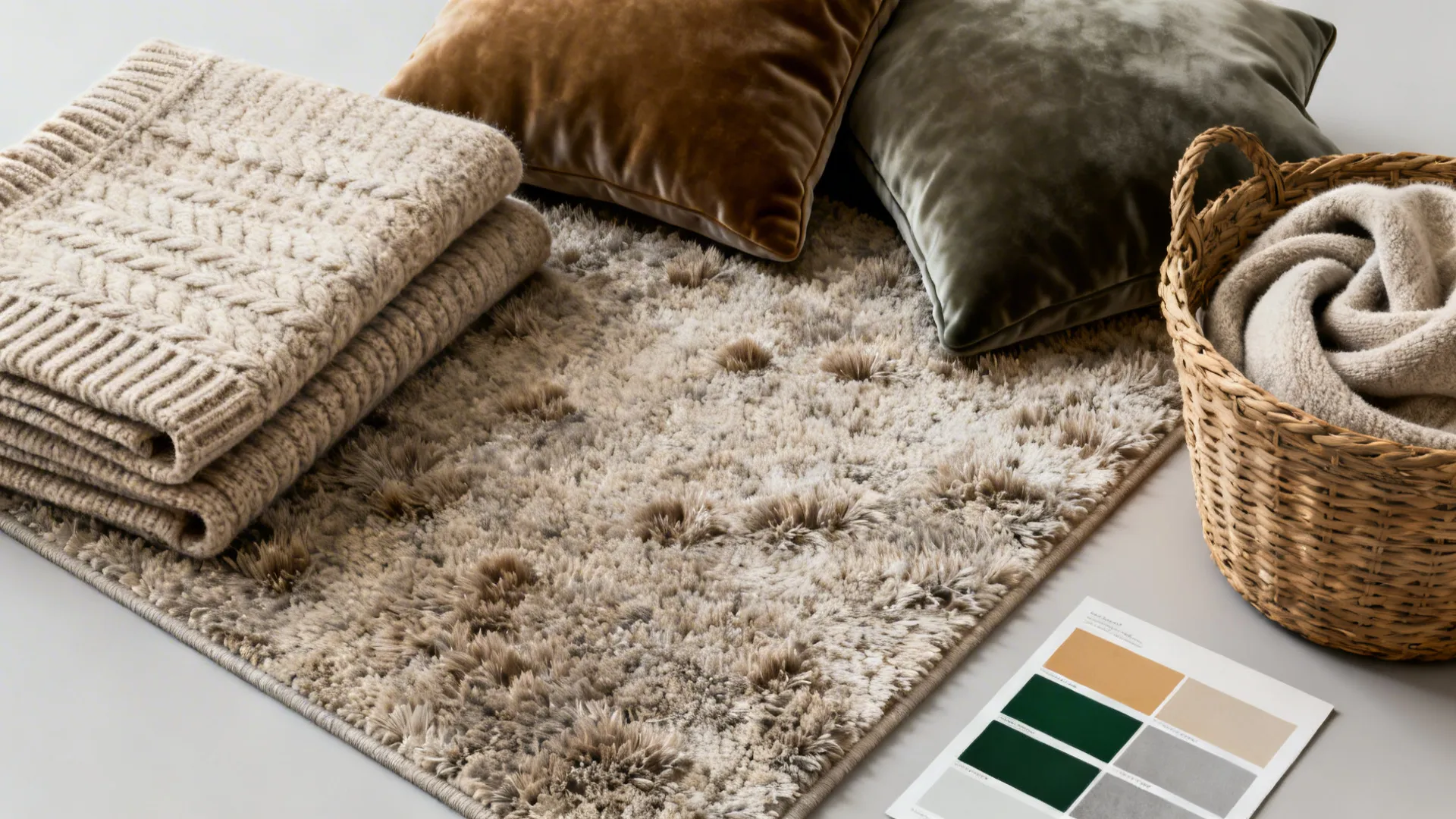 Flatlay of throws, velvet cushions, plush rug sample and woven basket showing cozy textures.