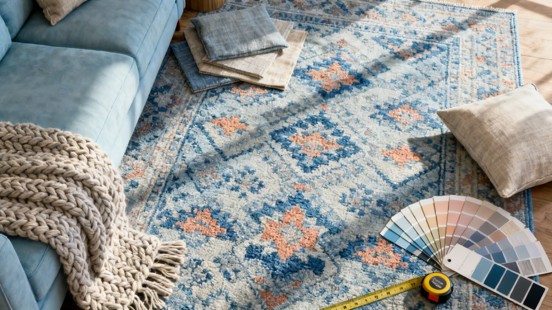 Blue patterned rug on wooden floor with color swatches measuring tape cushions and soft blanket