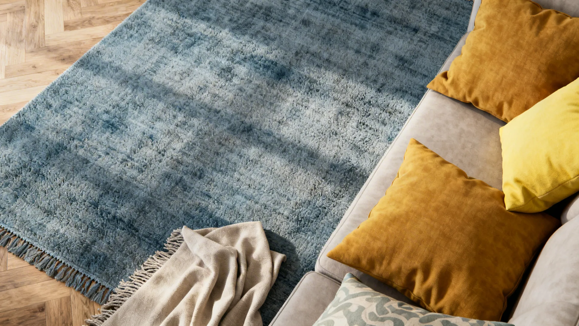 Top-down flatlay of blue-gray rug with yellow cushions and neutral throws