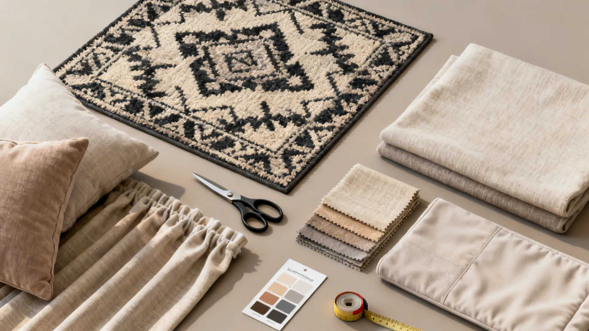 Flatlay of rug sample, throw pillows and curtain swatches showing textile options for zoning a small living room.