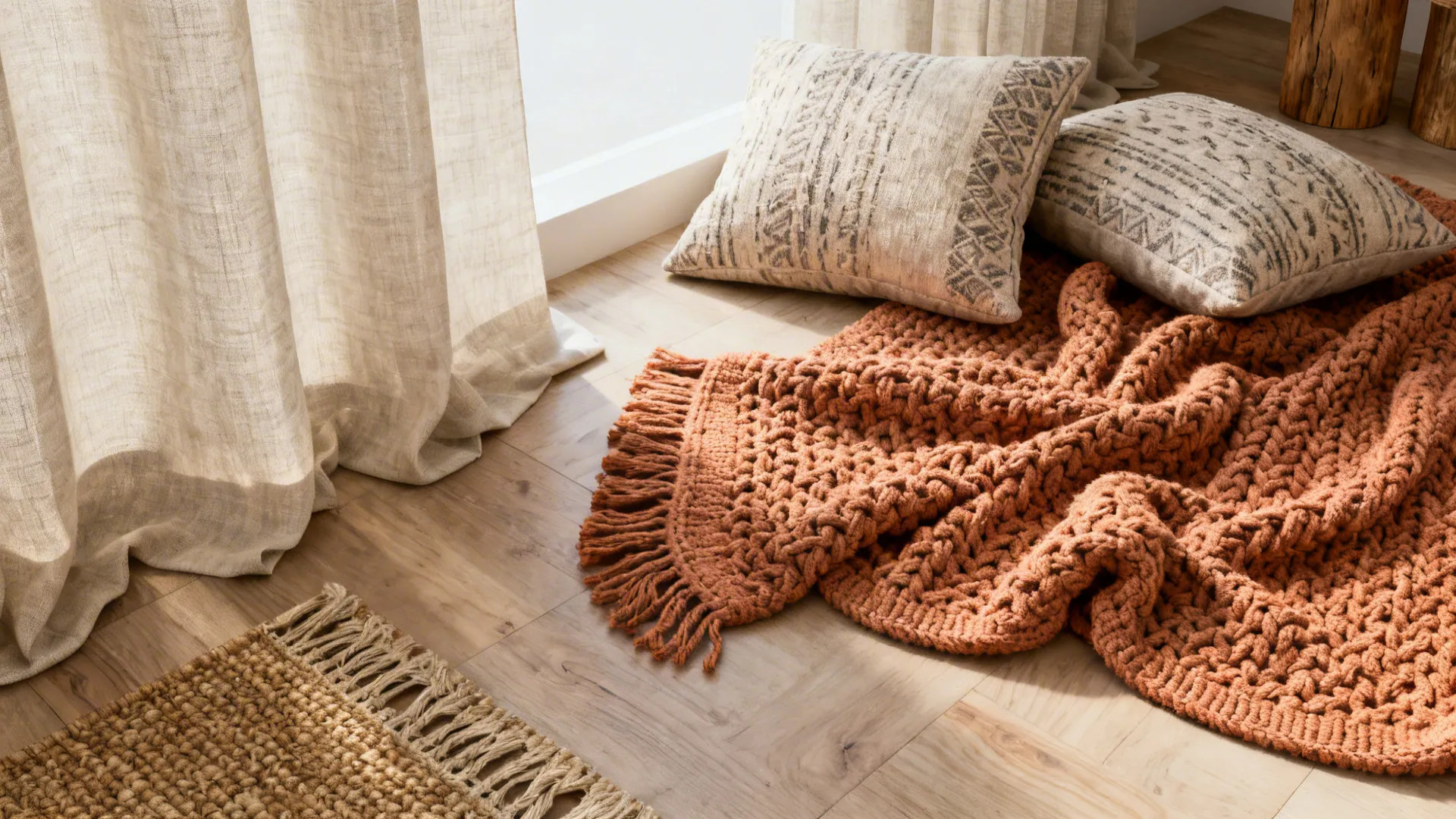 Terracotta knitted blanket on wooden floor with patterned pillows and light curtains under bright sunlight