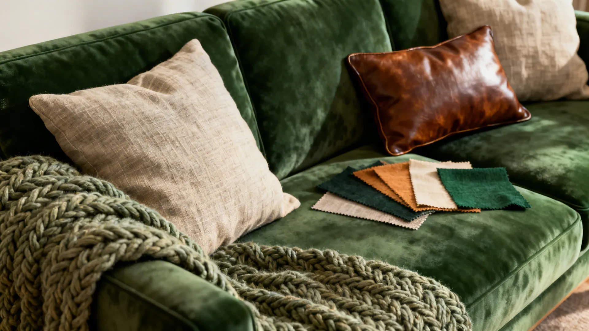 Flatlay of linen cushions, chunky knit throw and leather pillow paired with green velvet fabric swatch