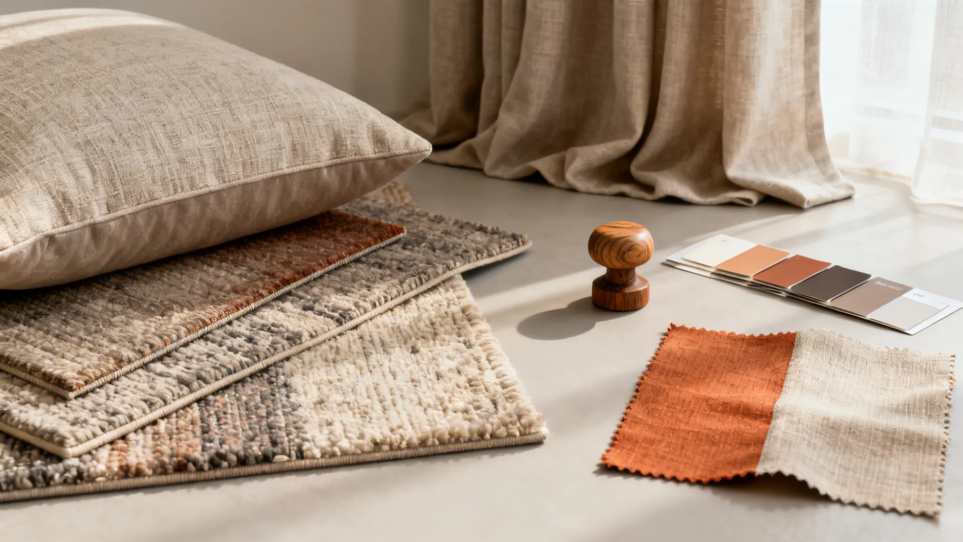Fabric samples, textured rugs, soft pillow, wooden knob, color palette, and curtains on light floor