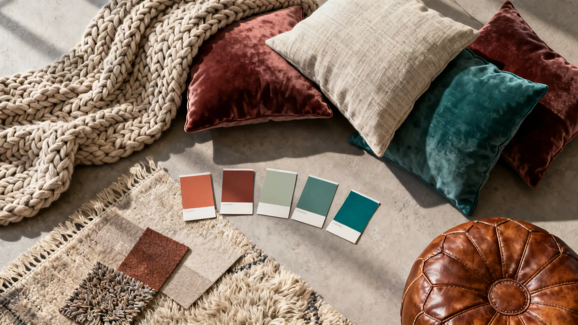 Flatlay of chunky knit throw, mixed cushions, rug texture and color chips for a warm palette