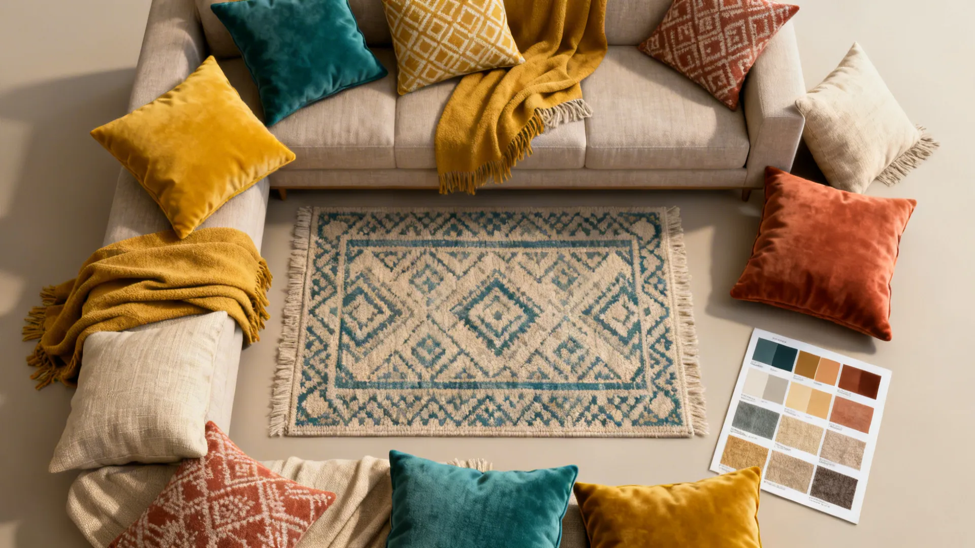 Top-down flatlay of cushions, throws, rug swatch and color samples for layering textiles.