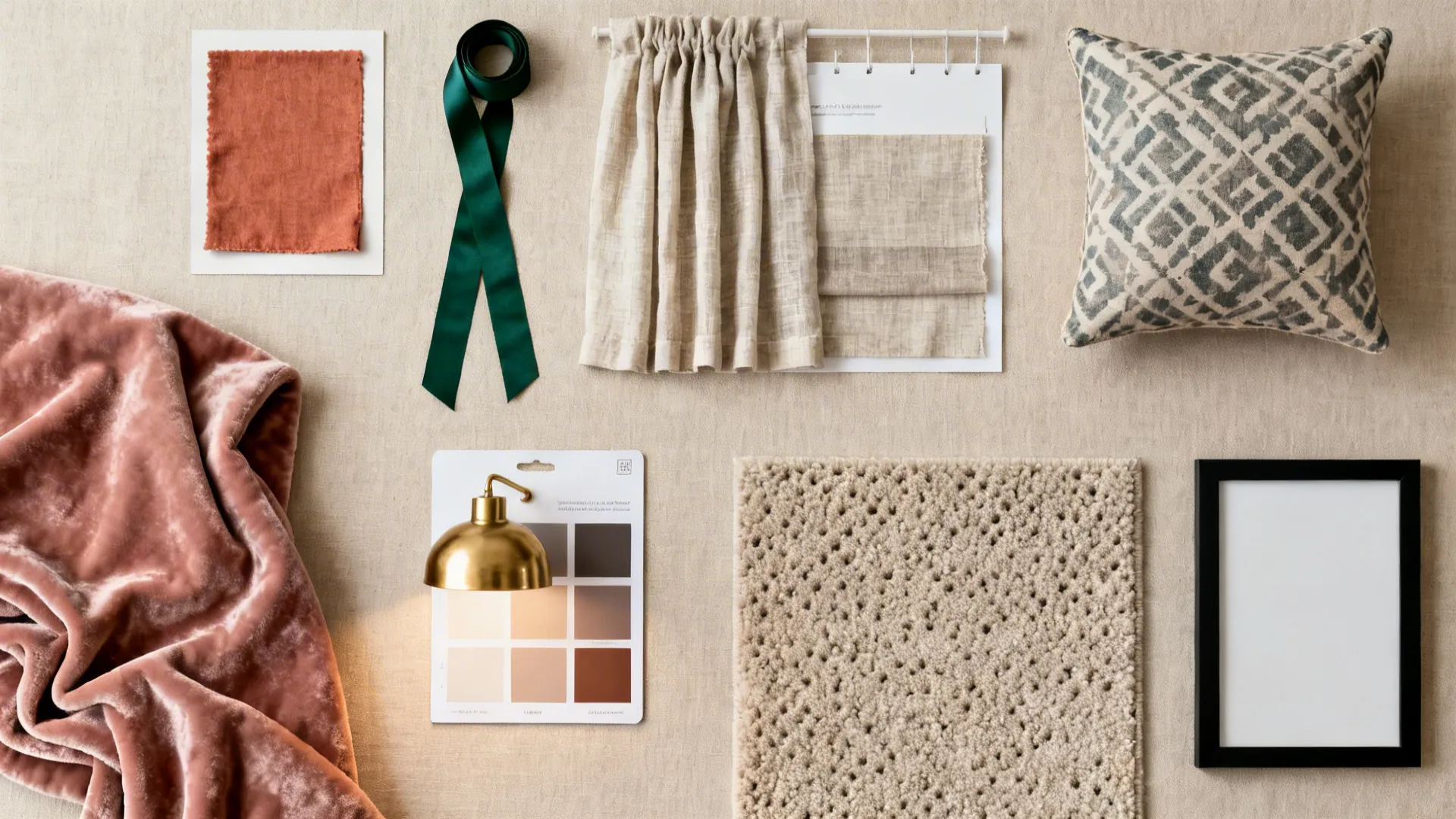 Interior design mood board with fabric samples, green ribbon, textured rug, pillow, and gold lamp