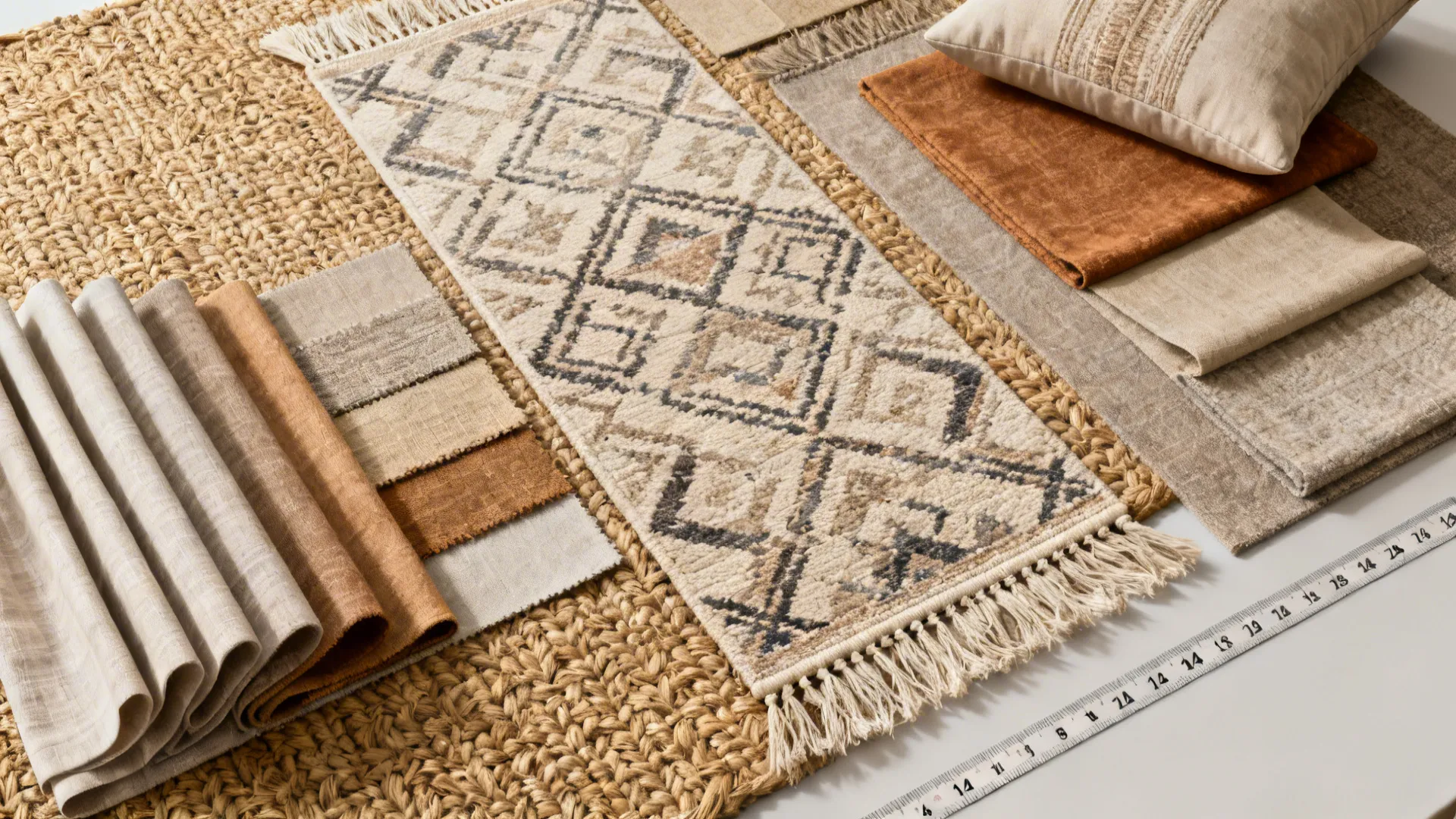 Interior design mood board with various fabric swatches patterned rug small pillow and measuring tape