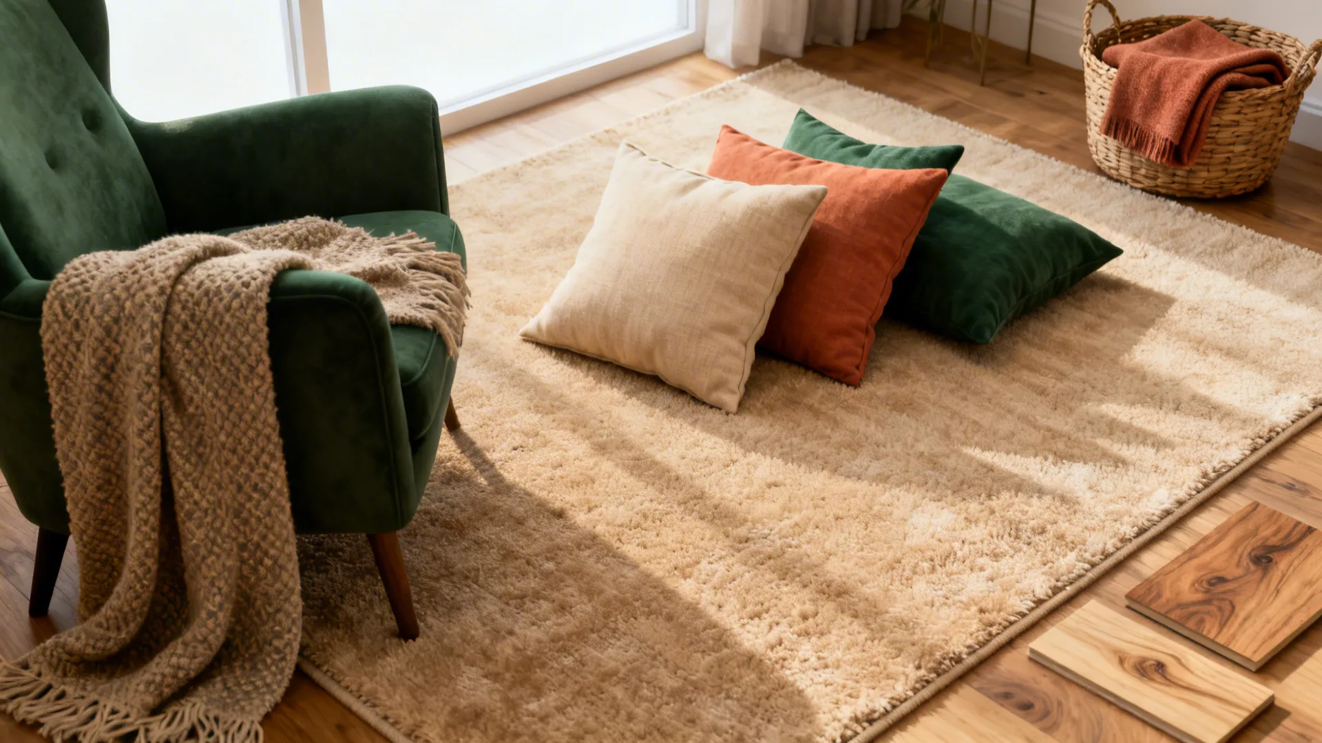 Flatlay of rug, cushions, and throws in a limited warm palette for a cozy living room.