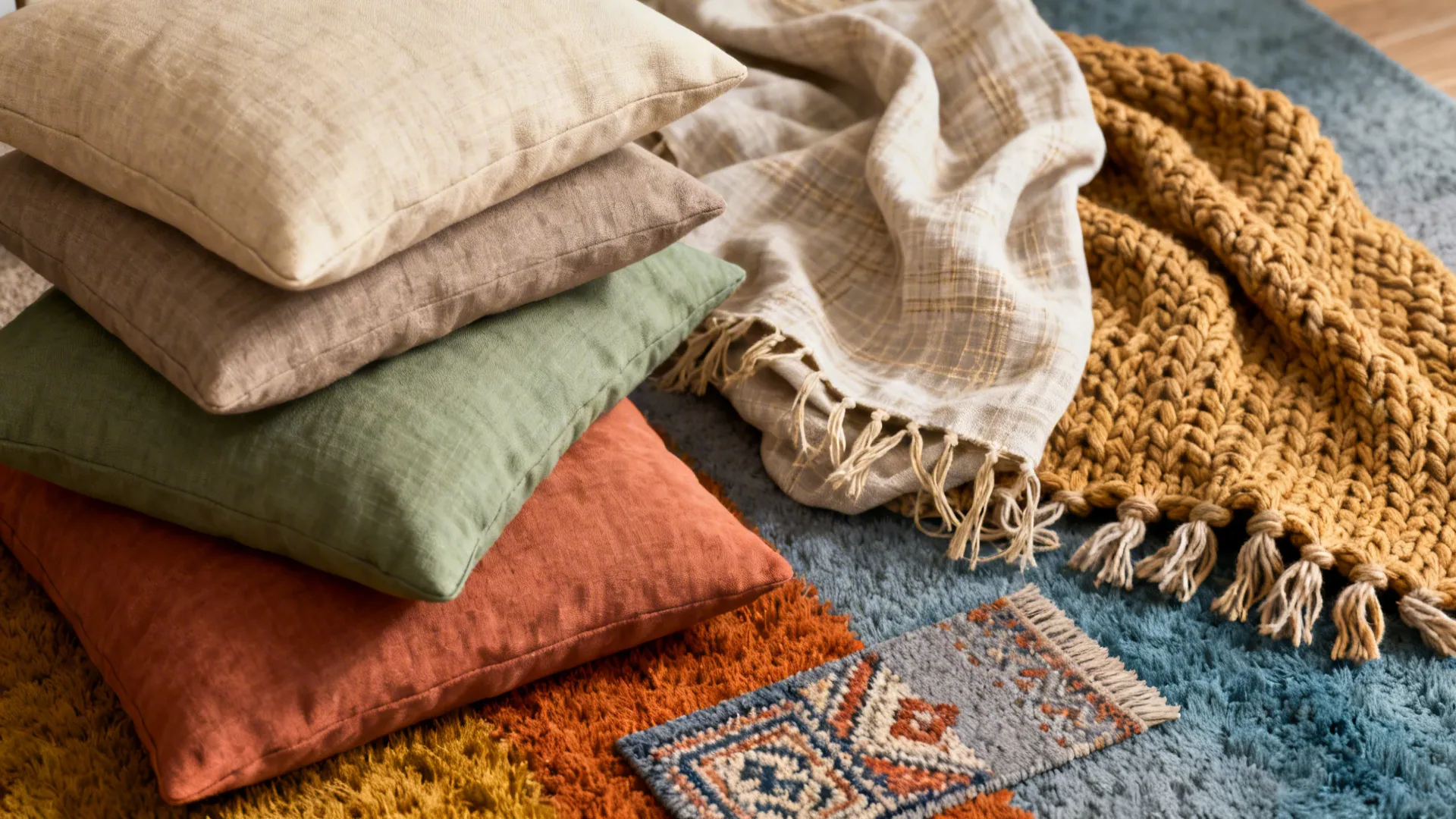 Flatlay of cushions, throws and rug samples for seasonal updates.