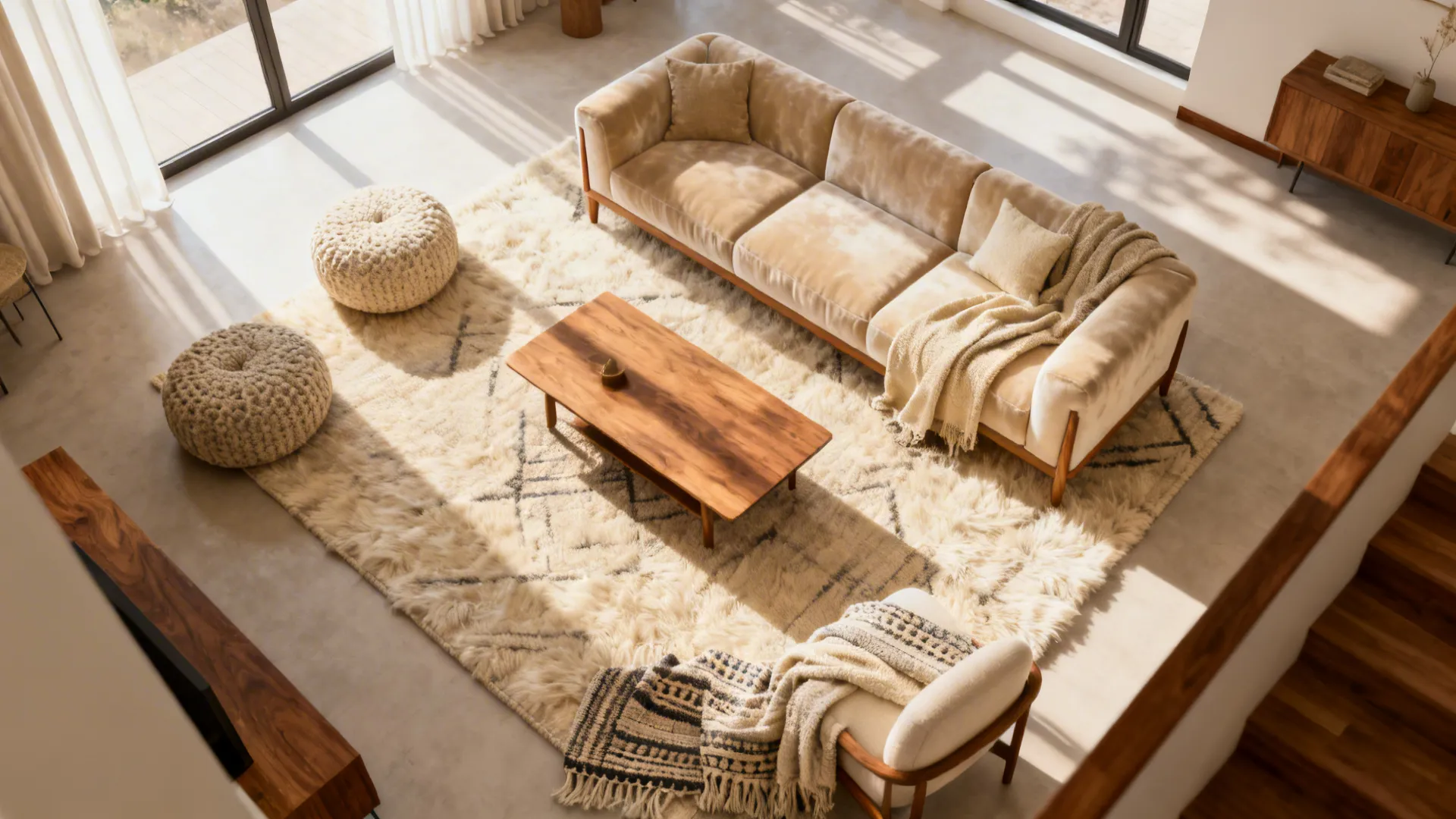 Grouped low furniture and layered textiles in a high-ceiling living room defining cozy conversation zones.