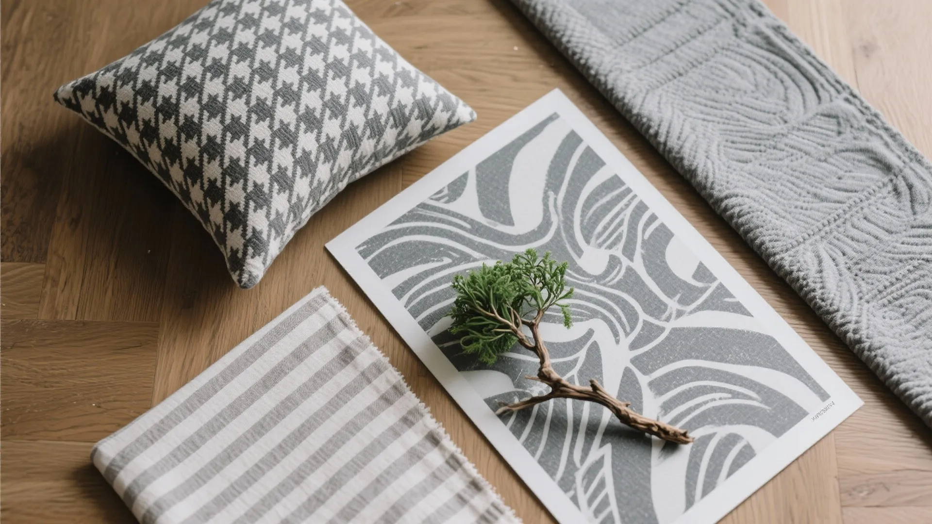 Wood floor with patterned pillow striped fabric textured cloth and art paper with green plant