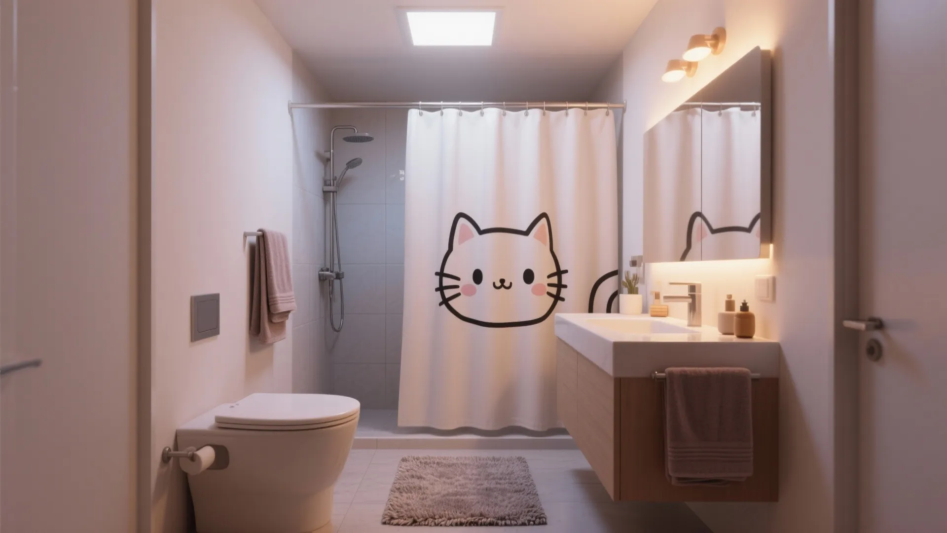 Bathroom scene with statement shower curtain, coordinated towels, textured rug and layered warm lighting.