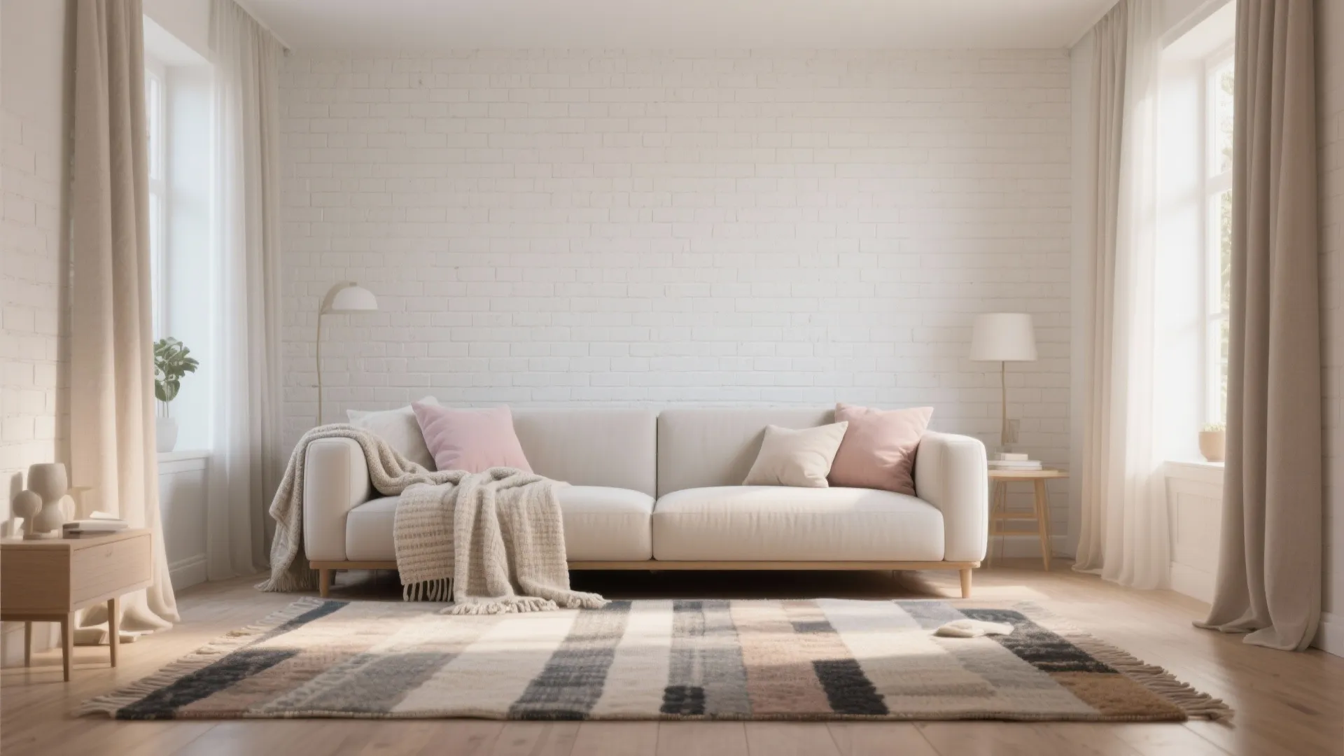Living area with a white painted brick wall enhanced by layered rugs, pastel cushions and textured throws.