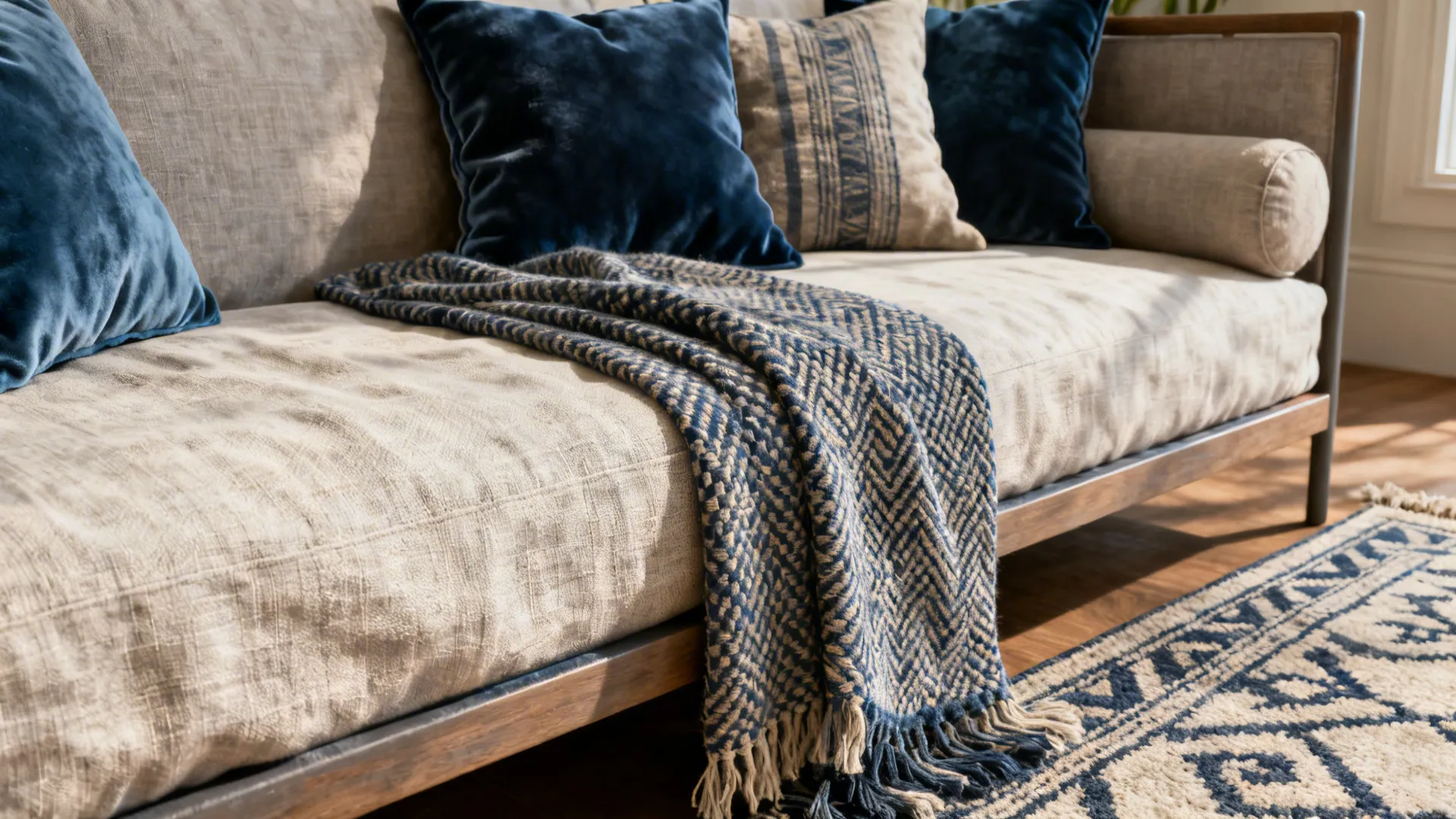 Beige sofa with blue pillows and patterned blue throw blanket in sunny living room view