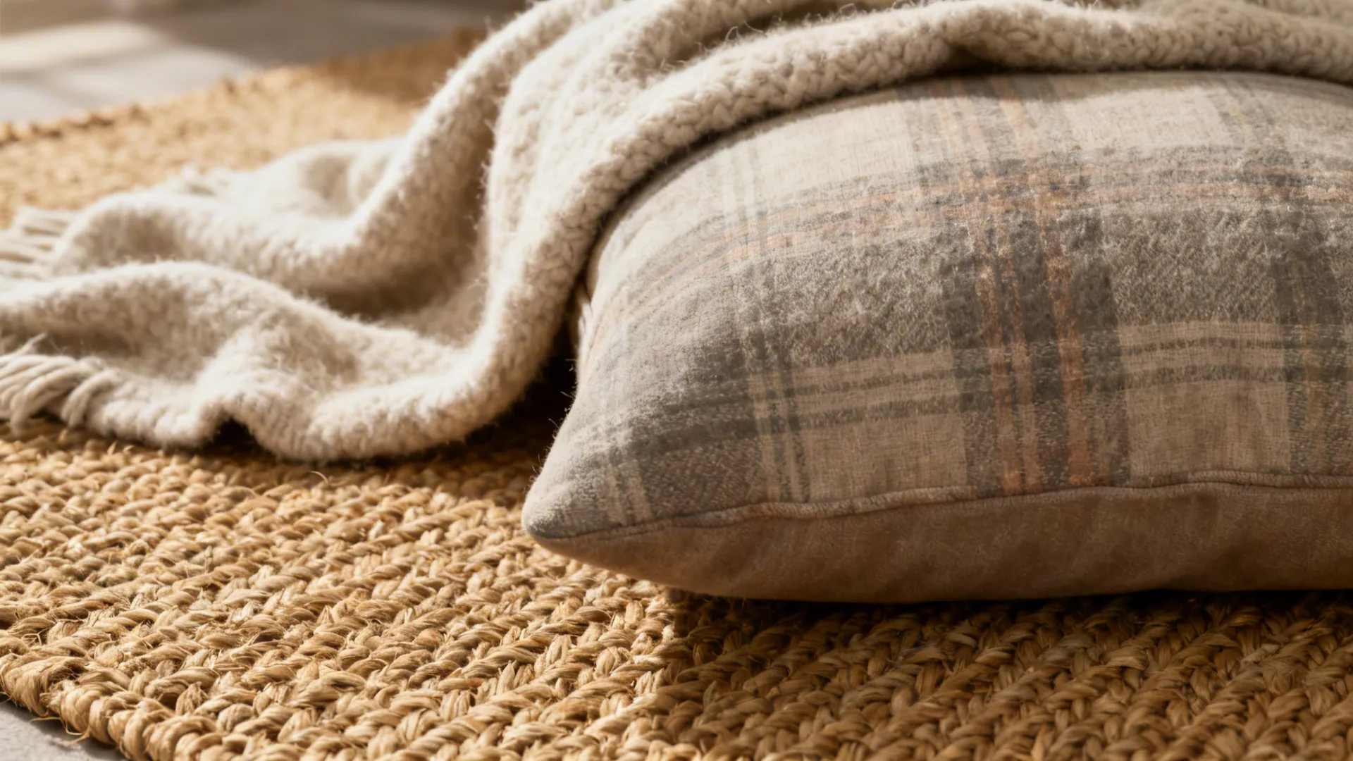 Close-up of jute rug, wool throw and muted plaid cushion in a rustic living room
