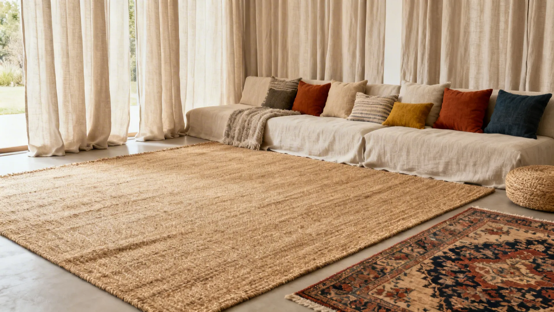 Room with high-and-wide curtains, cohesive cushions, and a layered jute base rug with a smaller patterned rug.