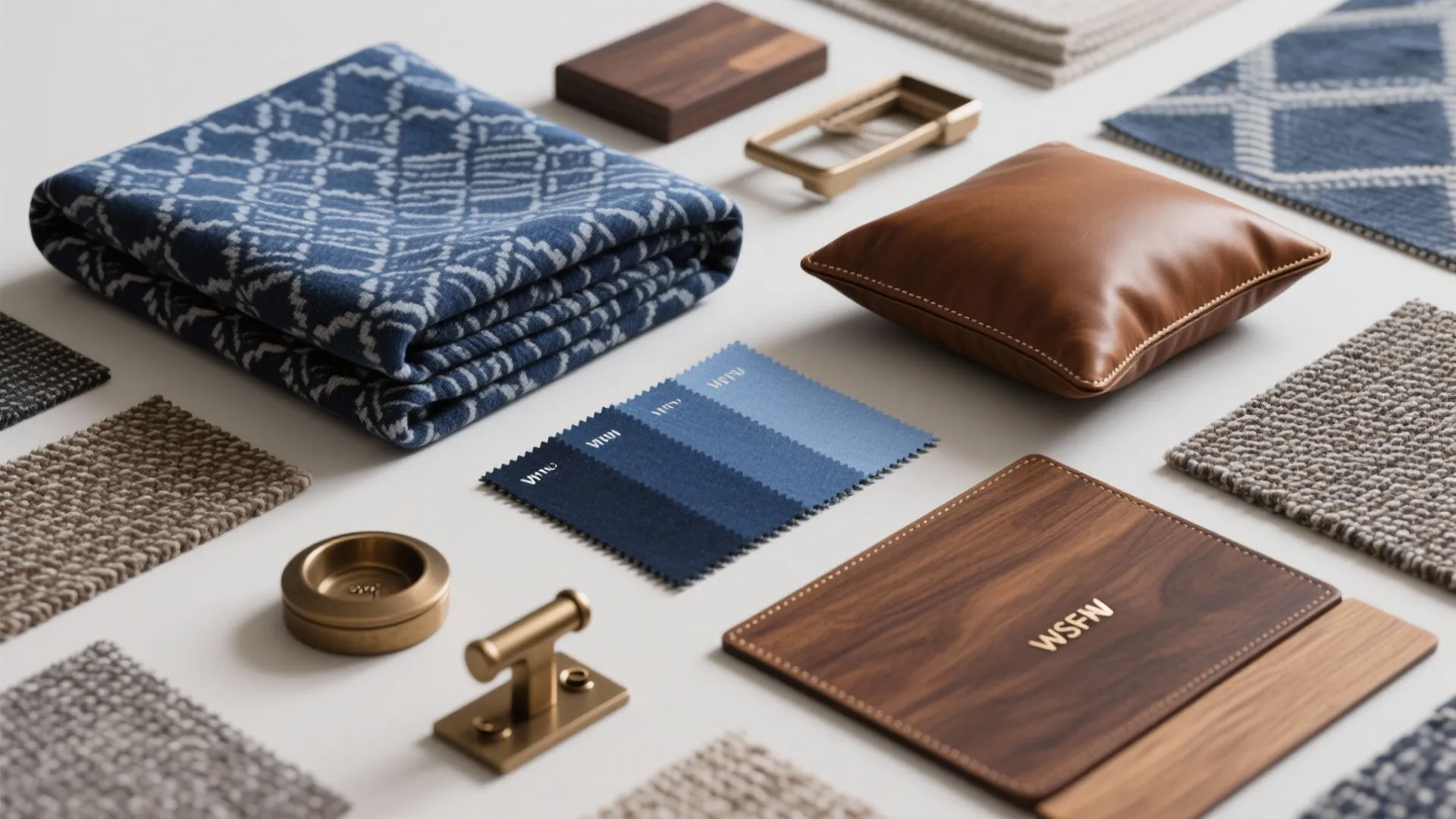 Flatlay of blue patterned fabrics, brown leather sample, wood veneers and bronze hardware for a blue-brown scheme