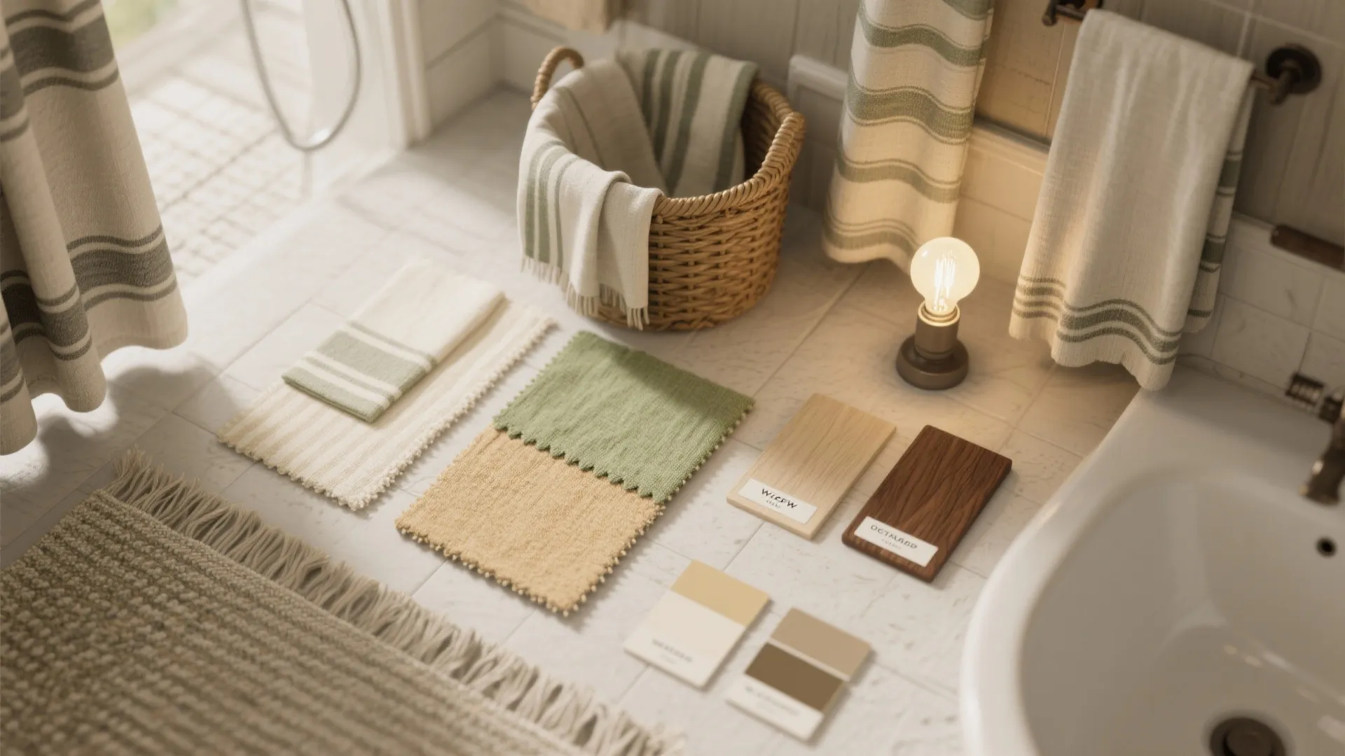 Selection of bathroom materials including green fabric samples wood tiles towels and a small light