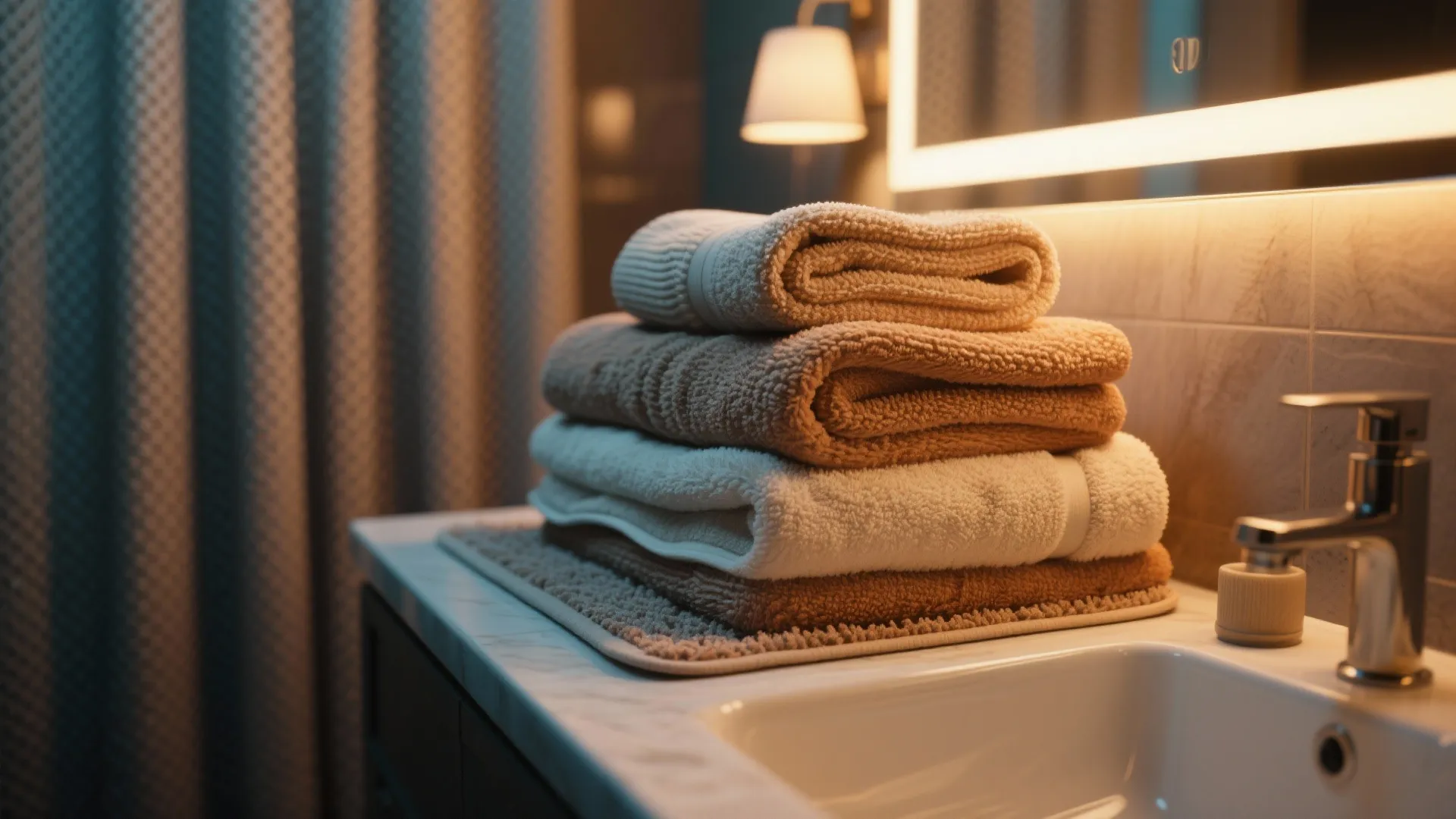 Stack of folded towels on a marble counter next to a sink with warm lighting