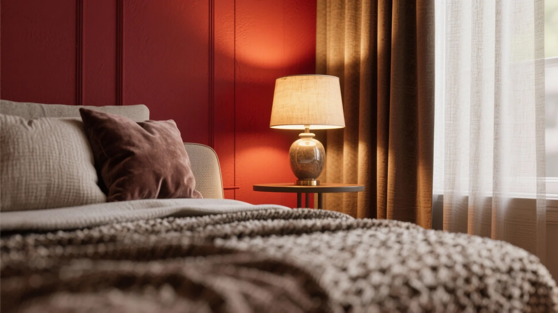 Close-up of rugs, curtains and a lamp softening the effect of a bold red wall with visible fabric textures.