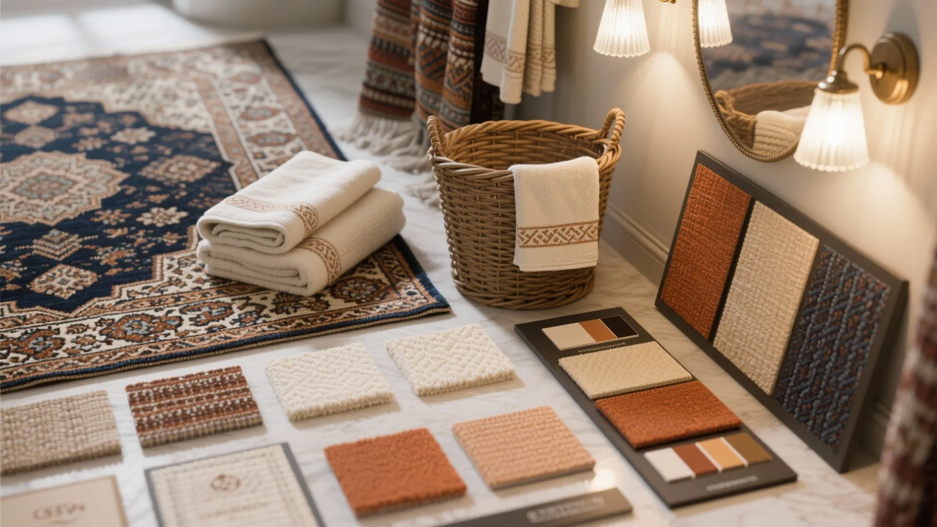 Various carpet samples and white towels placed on floor next to wicker basket and wall light