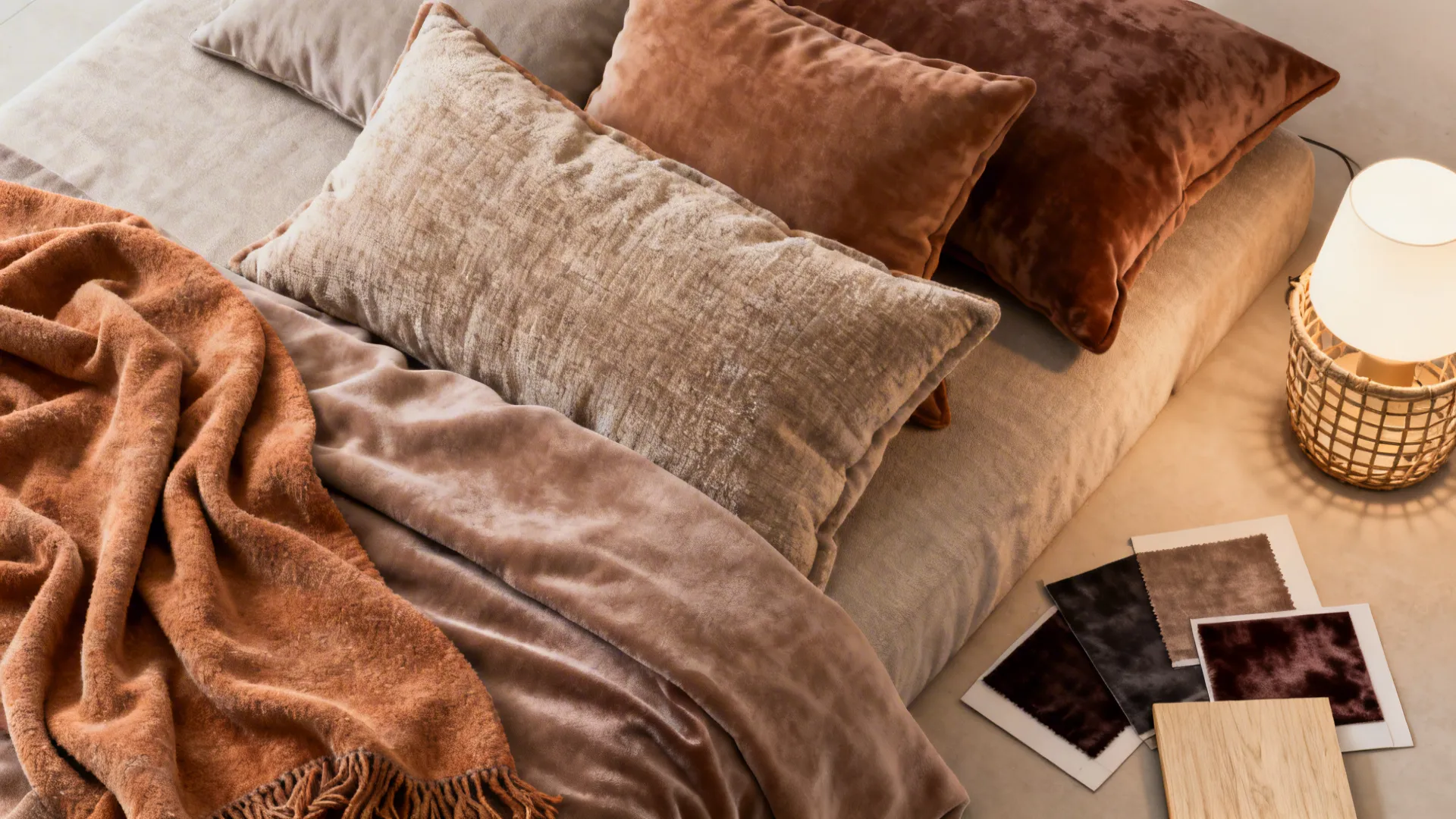 Flatlay of warm throw blankets, oversized pillows, dimmable lamp and fabric swatches for a cozy living room.