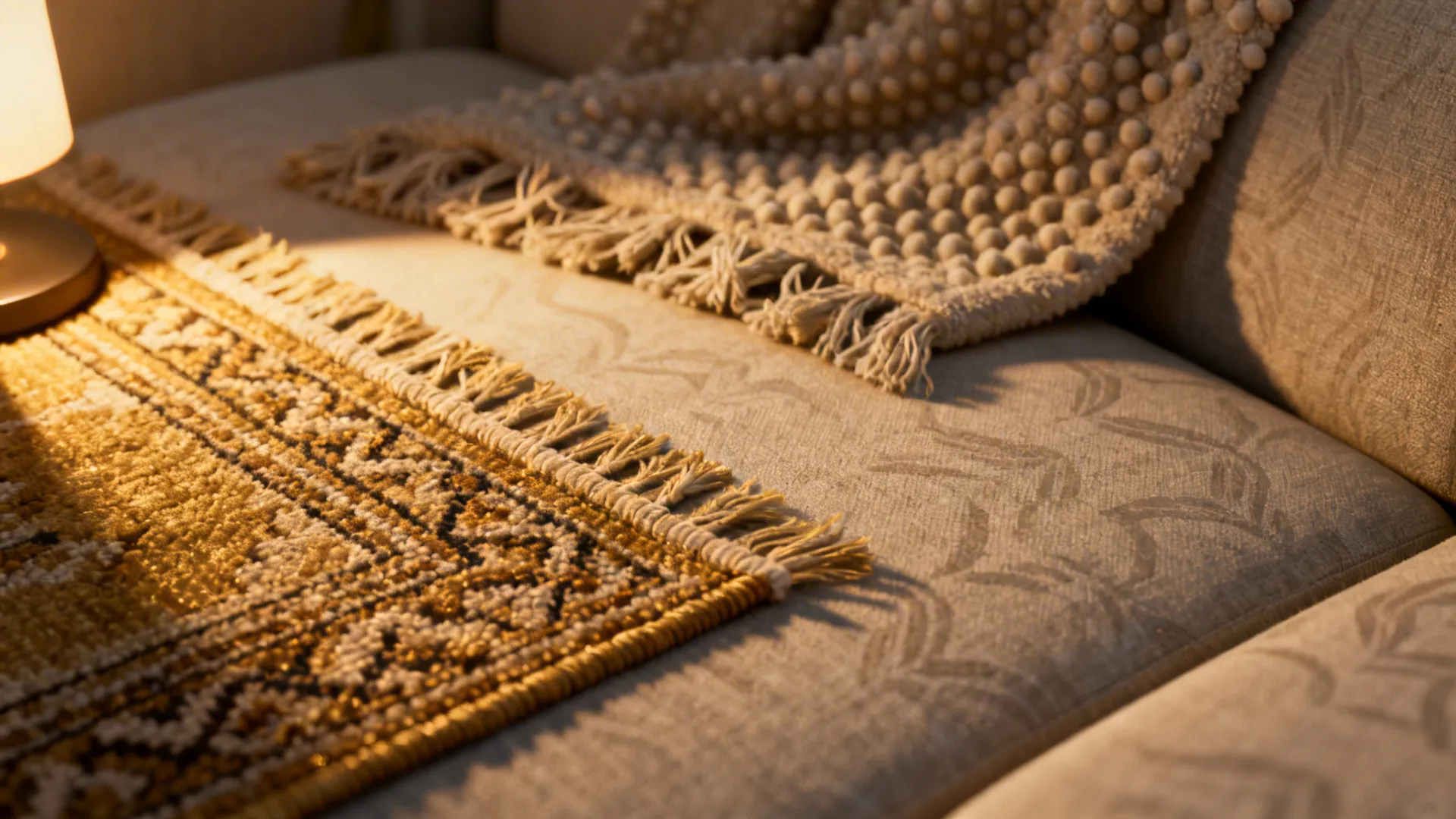 Close-up of layered textiles and warm lamp lighting showing texture and scale.