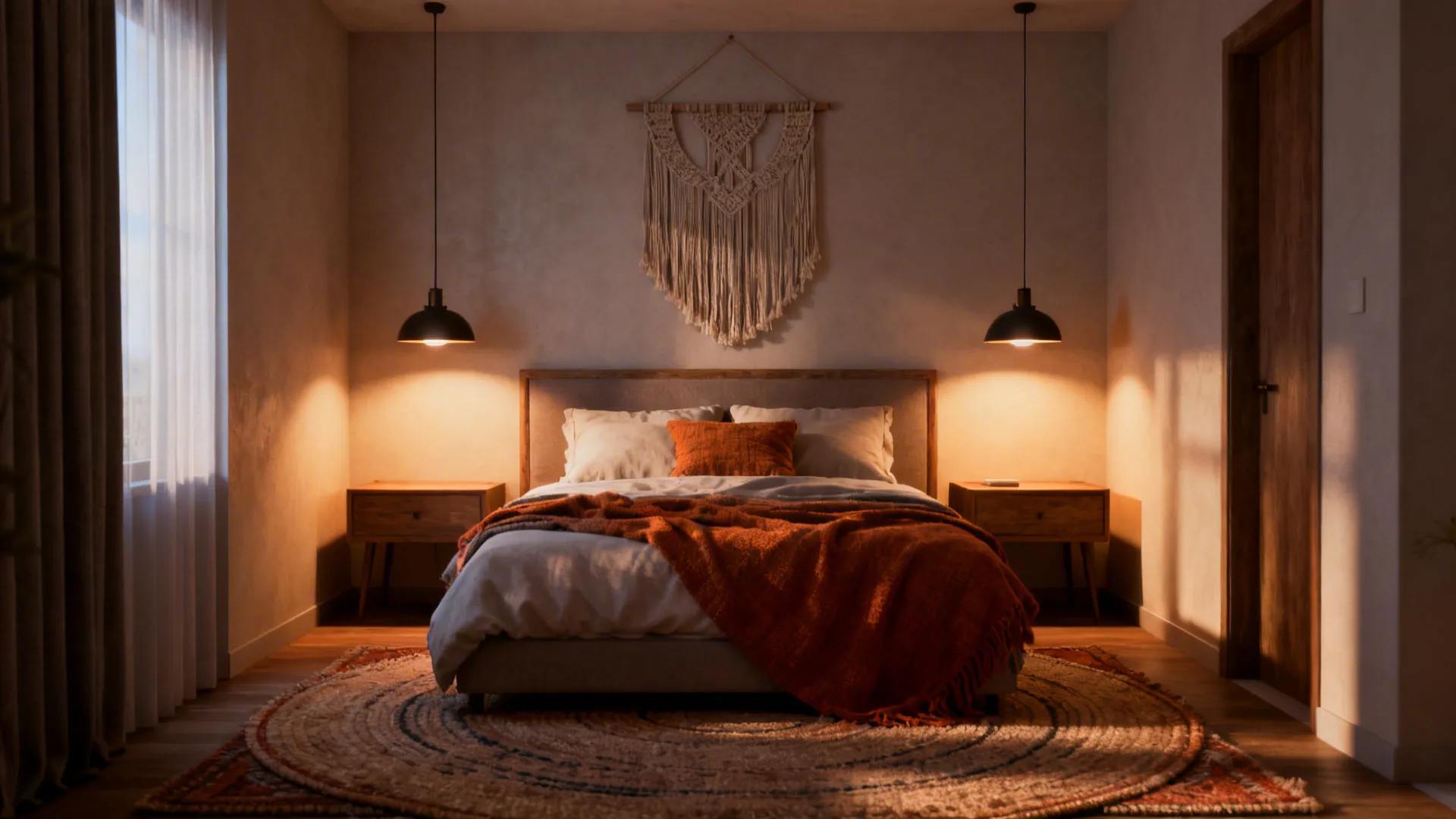 Centered bed defined by a large rug, pendant lights, and a hanging textile behind the headboard for a cozy zone.