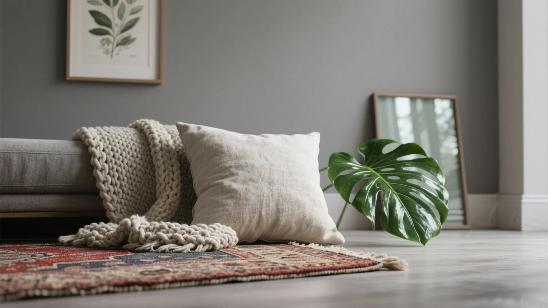Cozy living room corner featuring beige pillow knitted blanket green leaf and vintage style rug