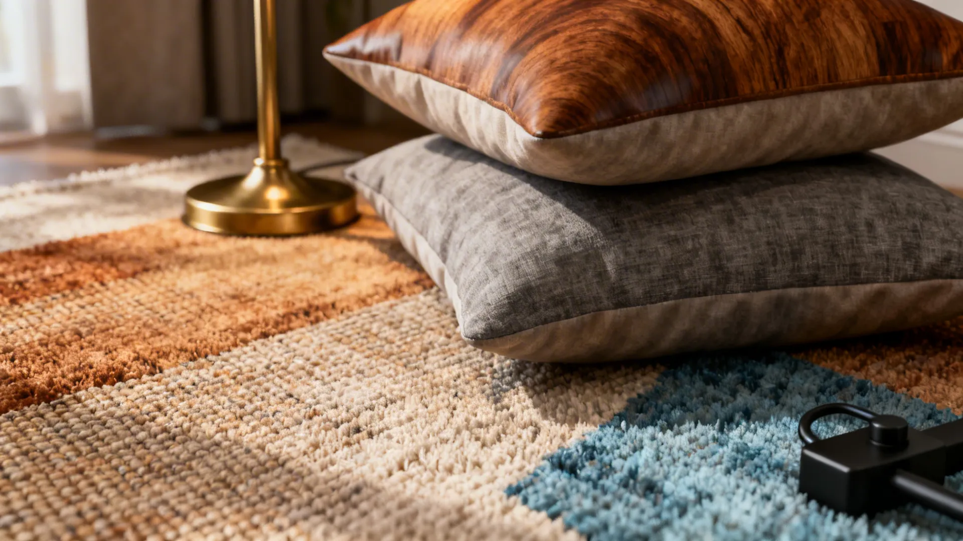 Close up of two soft pillows stacked on a colorful textured rug near a lamp base