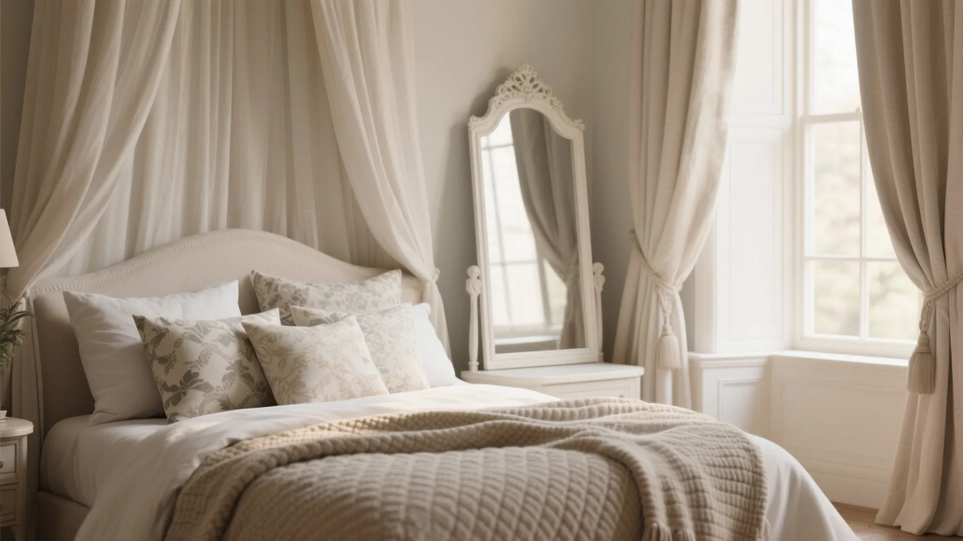 Elegant white bedroom with arched mirror cream curtains patterned pillows and soft white bed linens