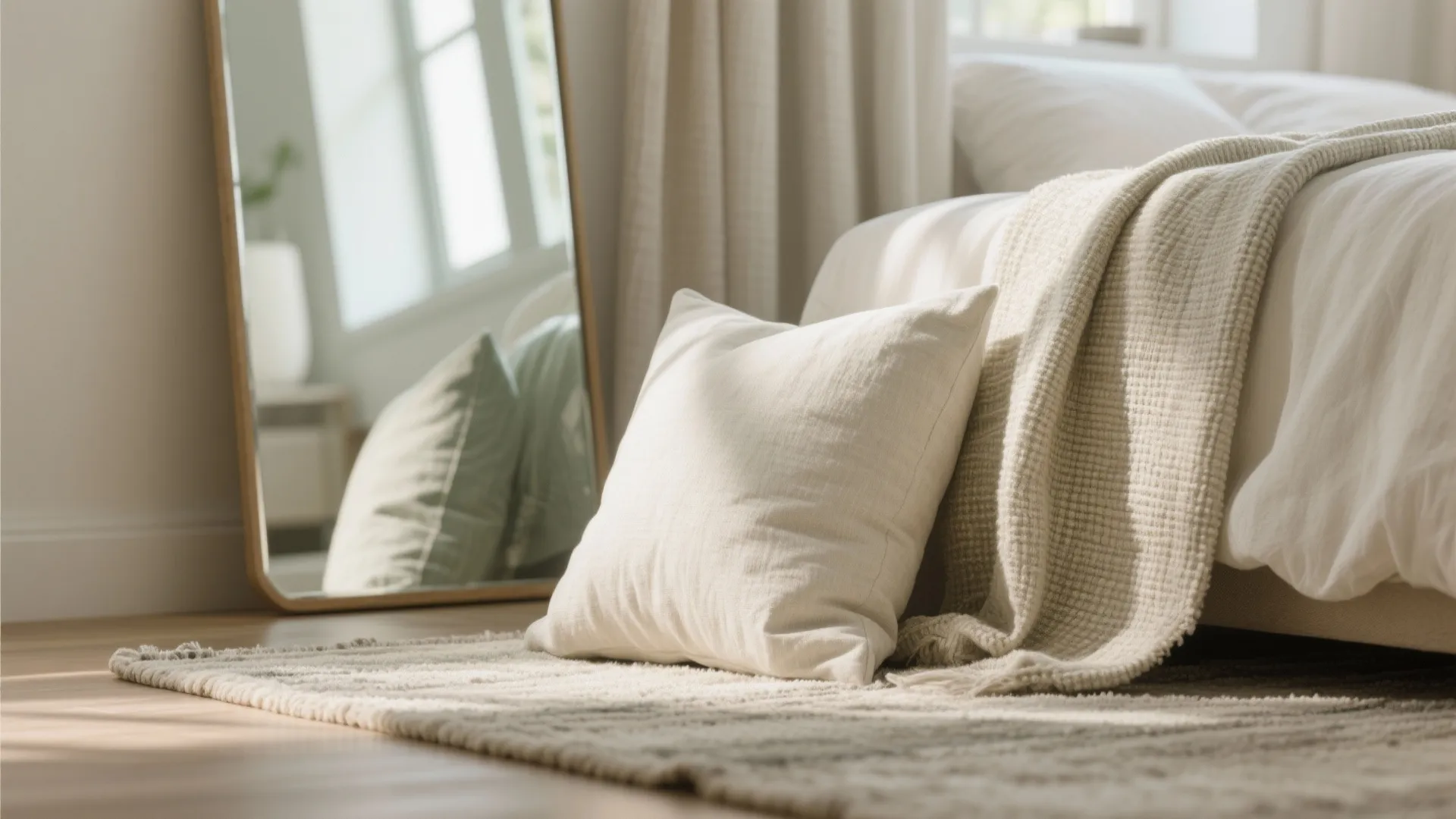 Bright cozy bedroom scene with white pillow on rug beside bed with beige textured blanket