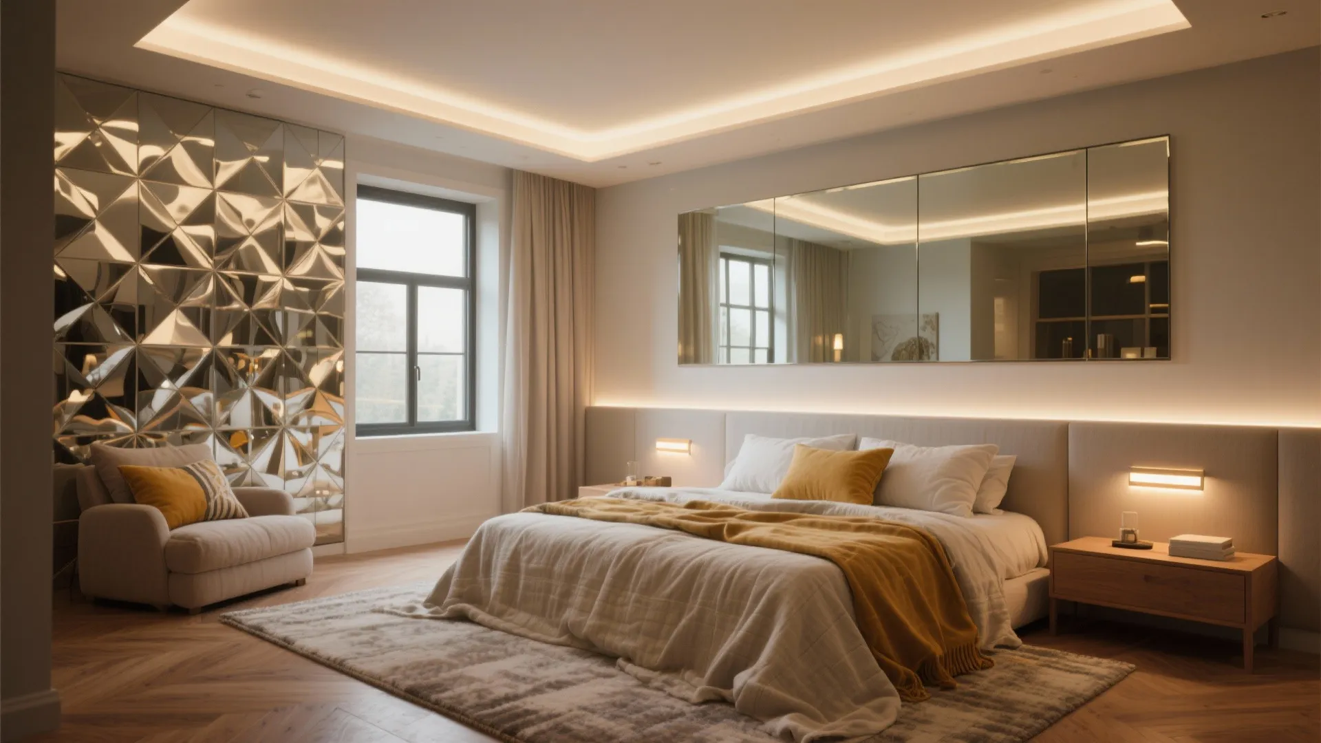 5. Bright textiles, mirrors, and zoned lighting