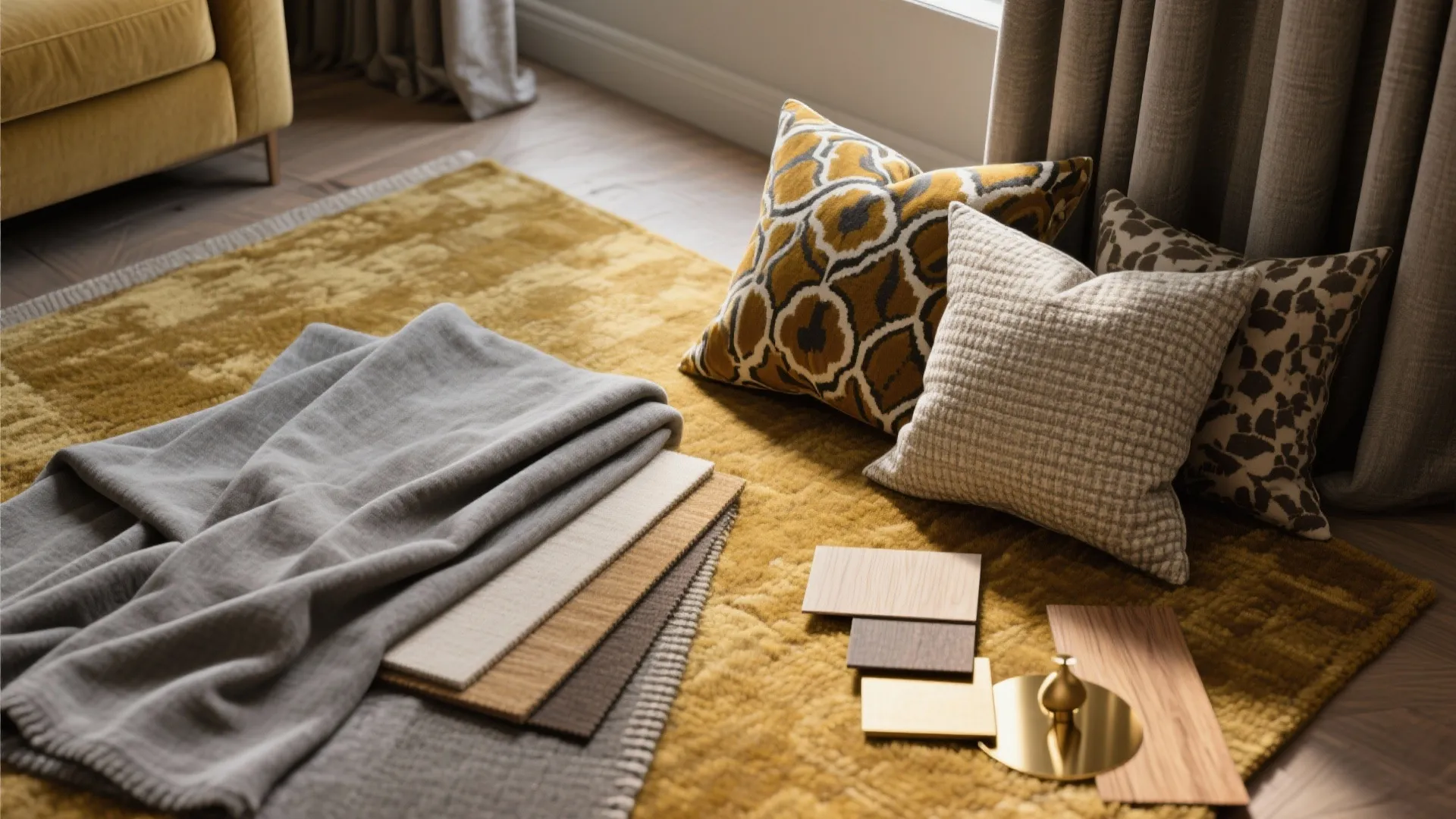 Interior design mood board on yellow rug with grey fabric samples patterned pillows and wood pieces